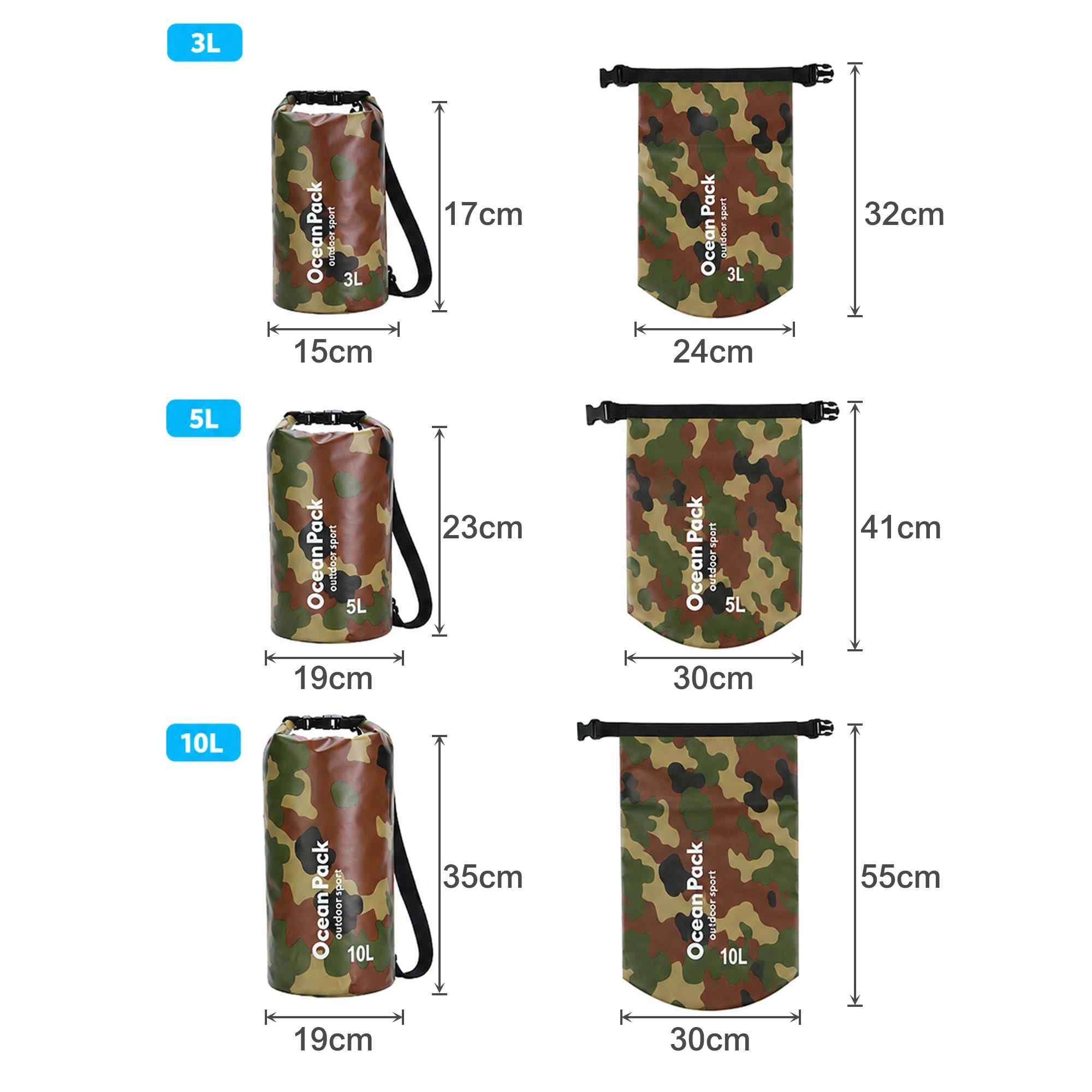 A collection of camouflage dry bags in three sizes: 3L, 5L, and 10L, showcasing different dimensions and designs.