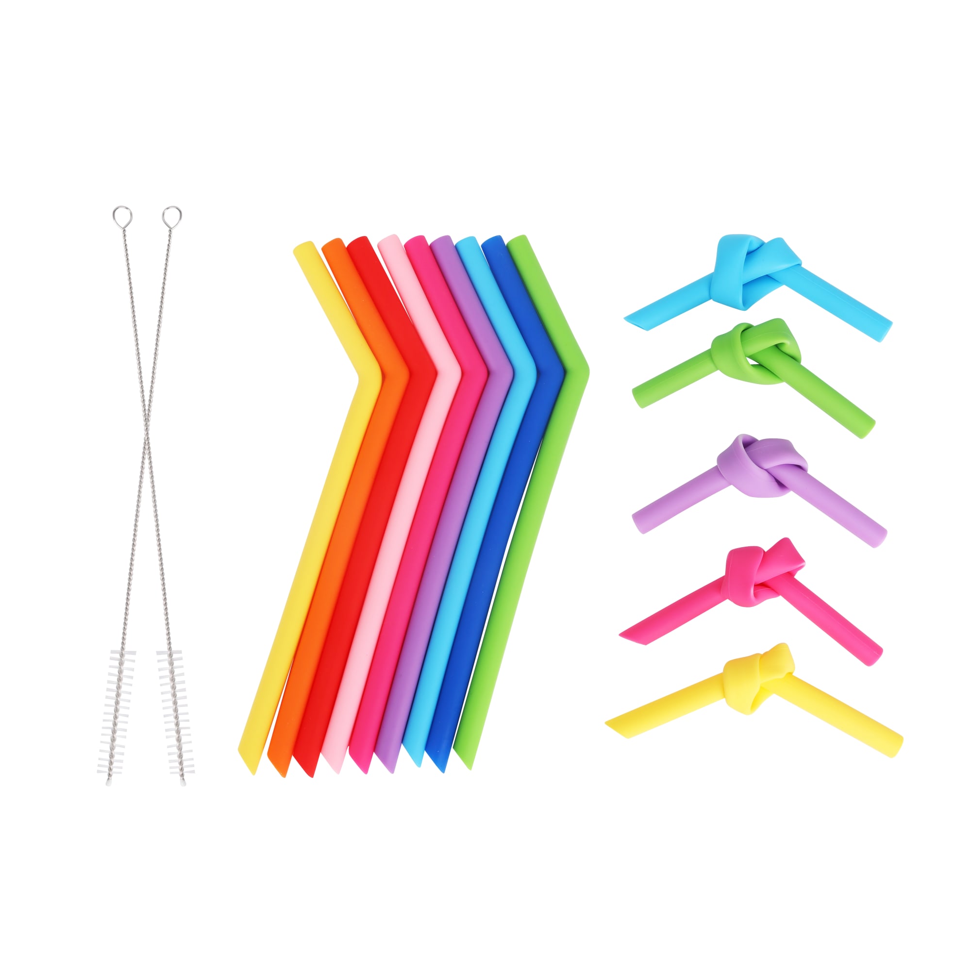 A collection of reusable silicone straws in various colours, with two cleaning brushes included.
