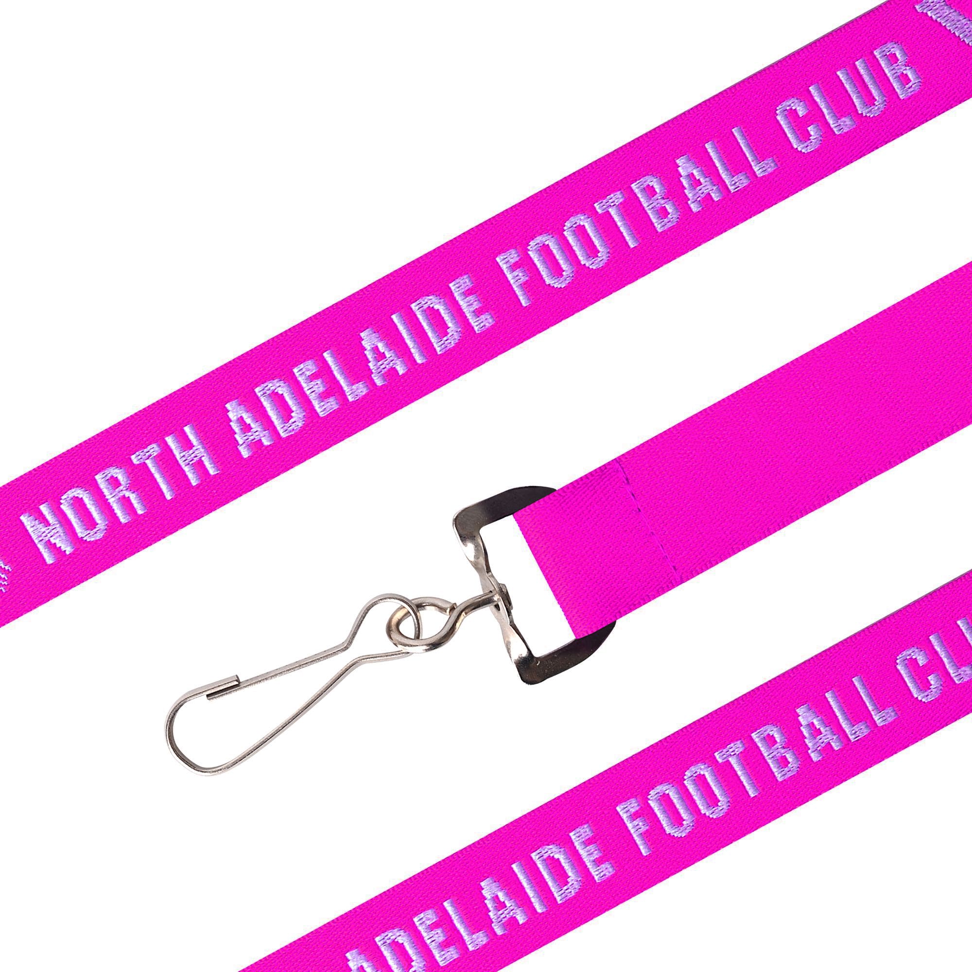 A bright pink woven lanyard with a metal clip, featuring branding along its length.