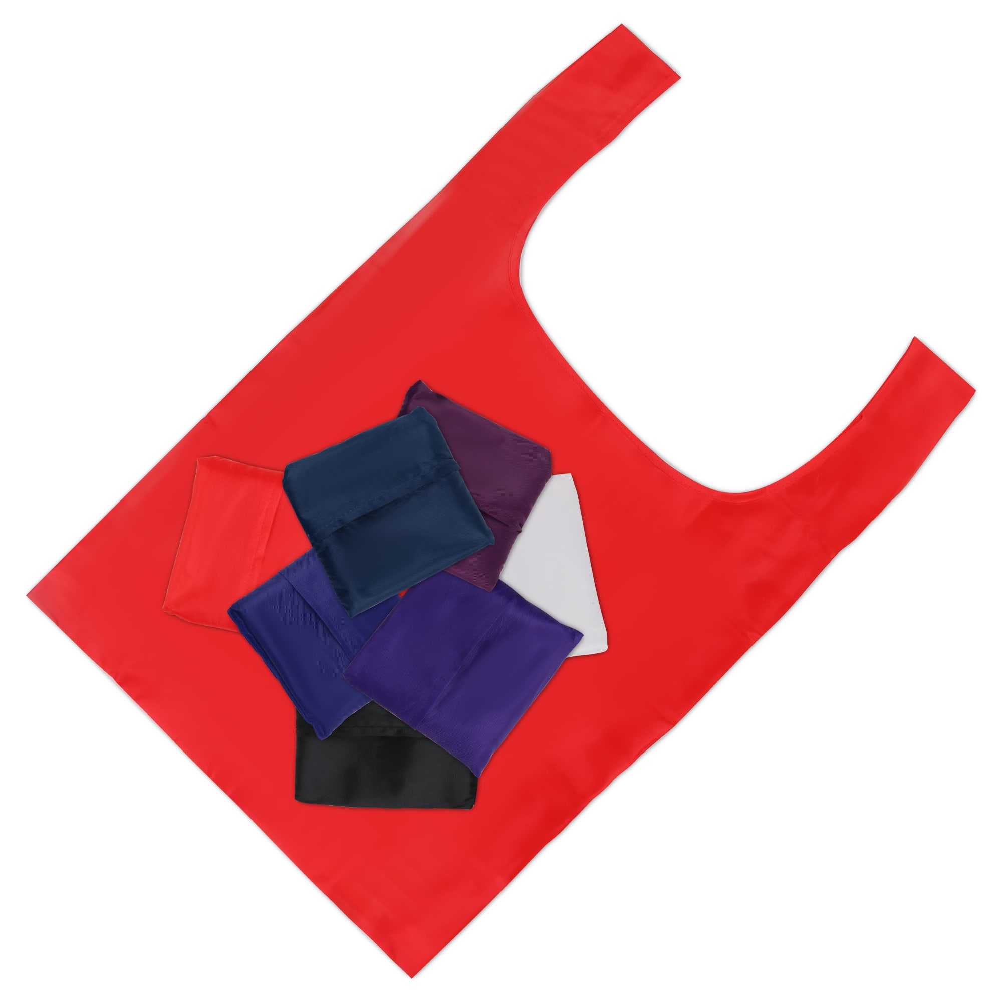 A red reusable shopping bag displayed alongside various smaller pouches in different colours. It features a logo.