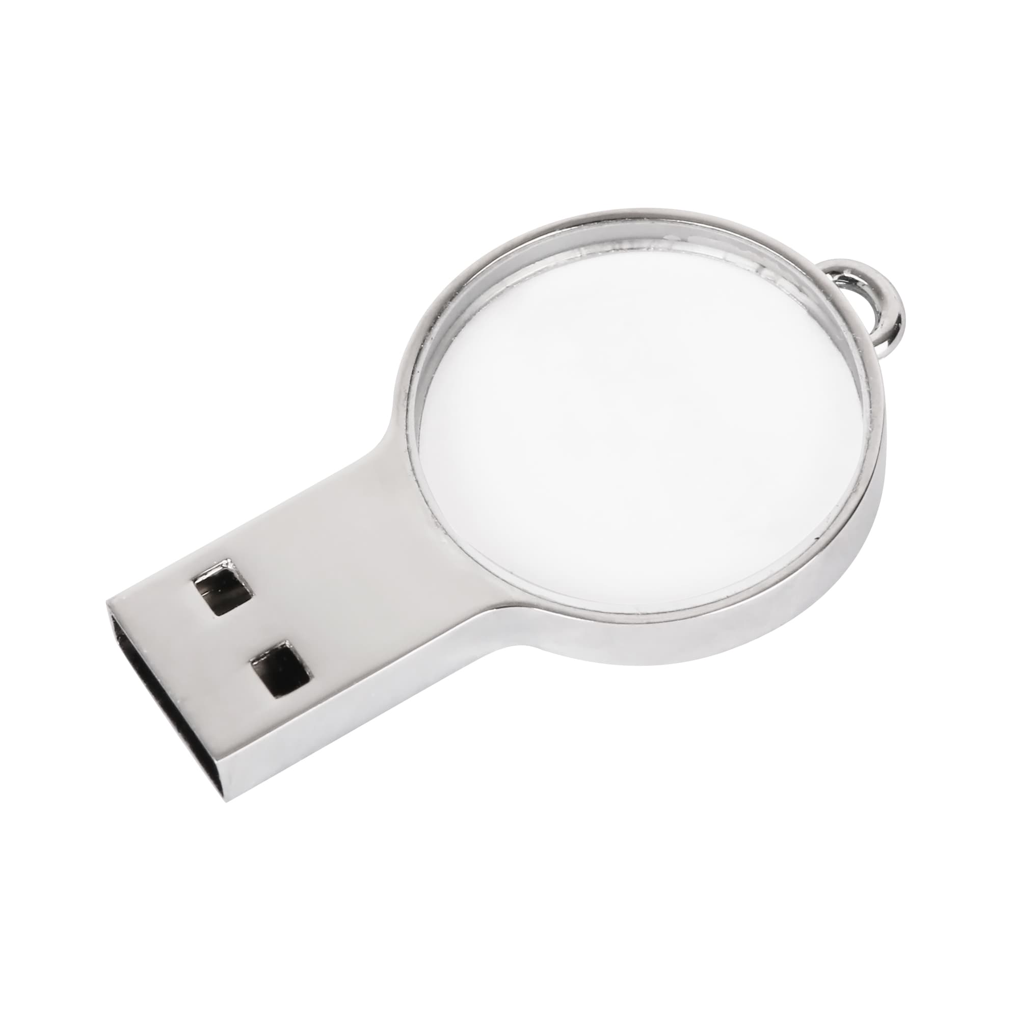 A silver mini round crystal flash drive with a glossy surface and USB connector. It includes a branding logo.