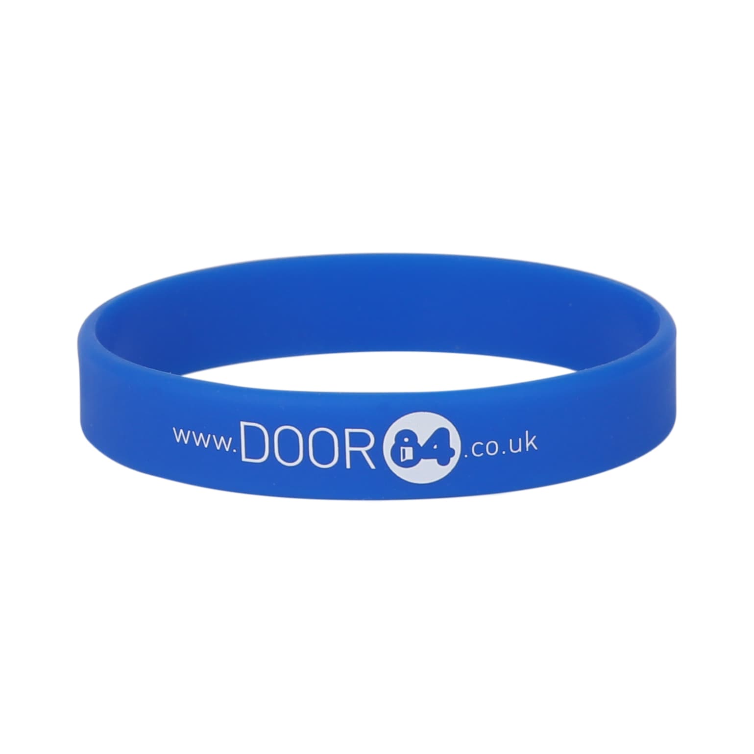 A blue silicone wristband featuring a logo and website text. Suitable for events and promotions.