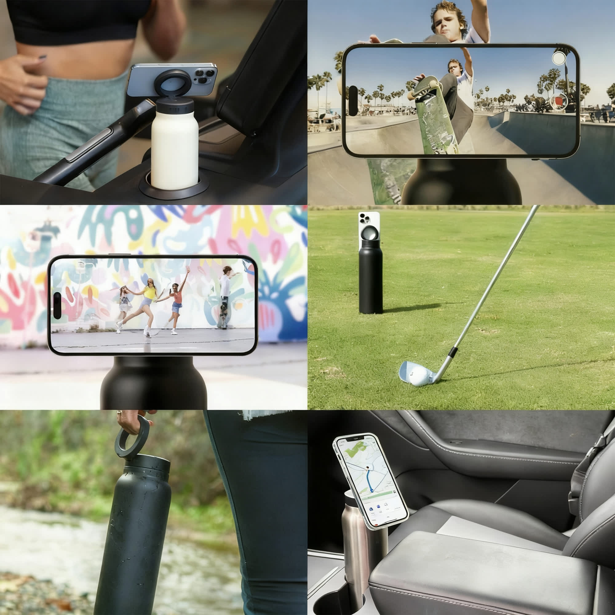 A drink bottle in black stainless steel with a magnetic phone holder, displayed alongside various lifestyle settings.