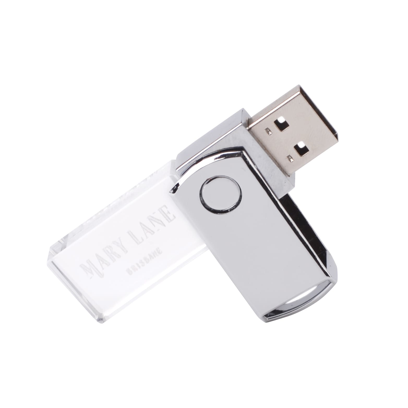 A swivel flash drive with a silver metal finish and a clear crystal casing, featuring a branding logo.