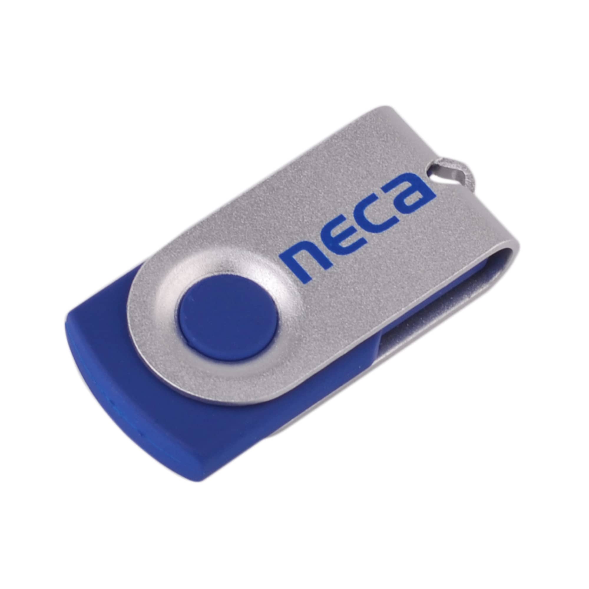 A blue and silver Mini Belton flash drive with a branding logo on the side.