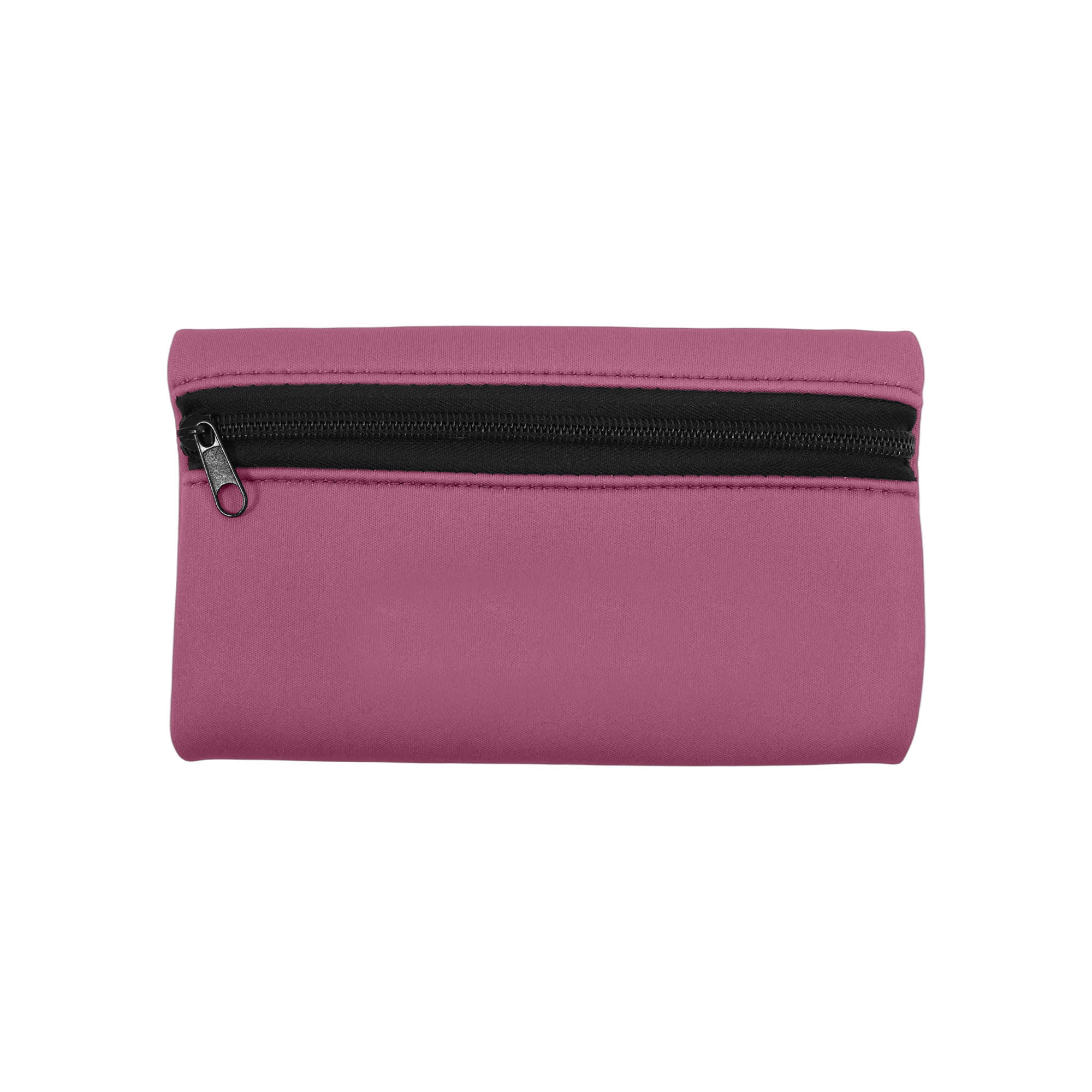 A small pink neoprene pencil pouch with a black zipper, featuring a simple design and a branding logo.