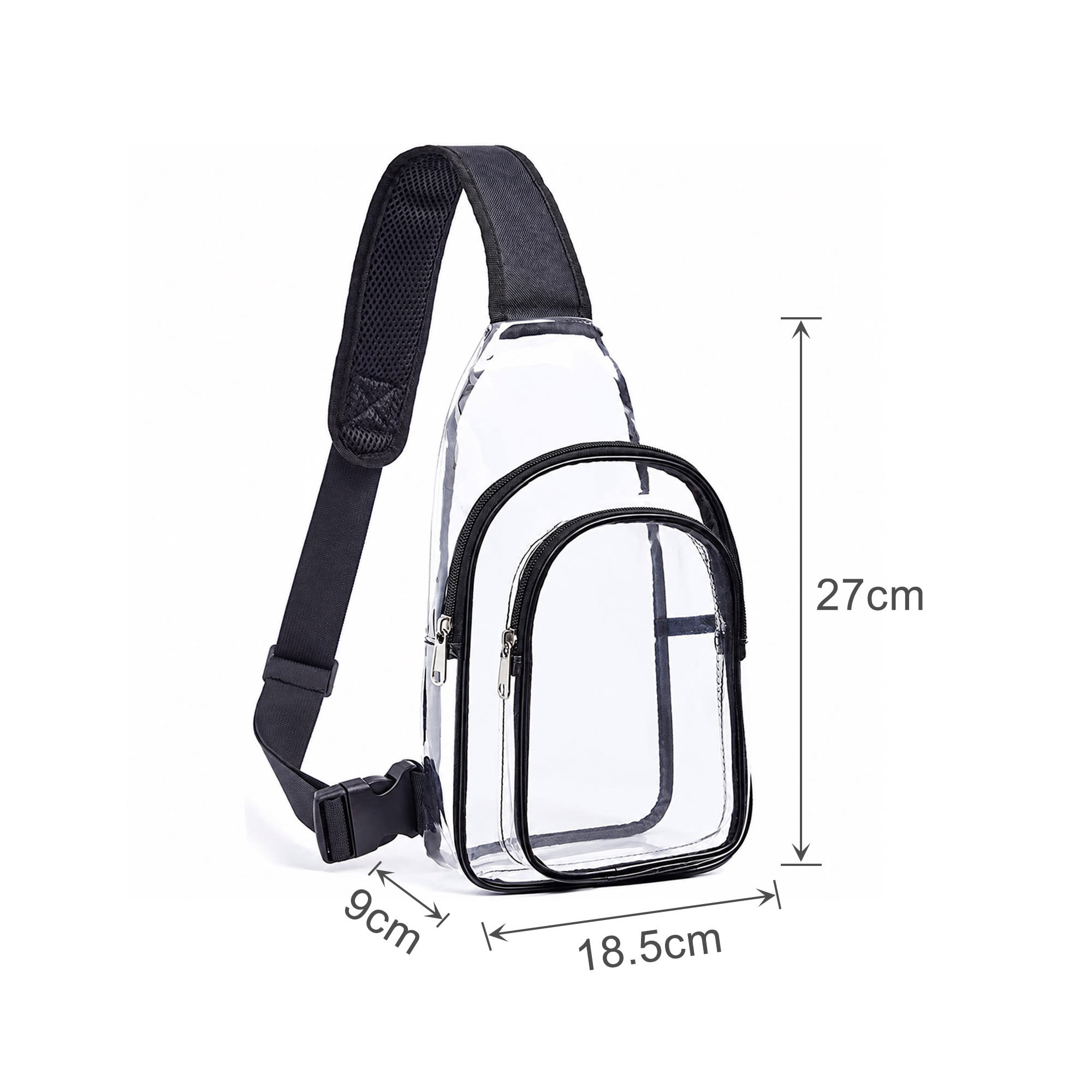 A clear PVC crossbody backpack with a black trim, featuring one zippered front pocket and adjustable straps.