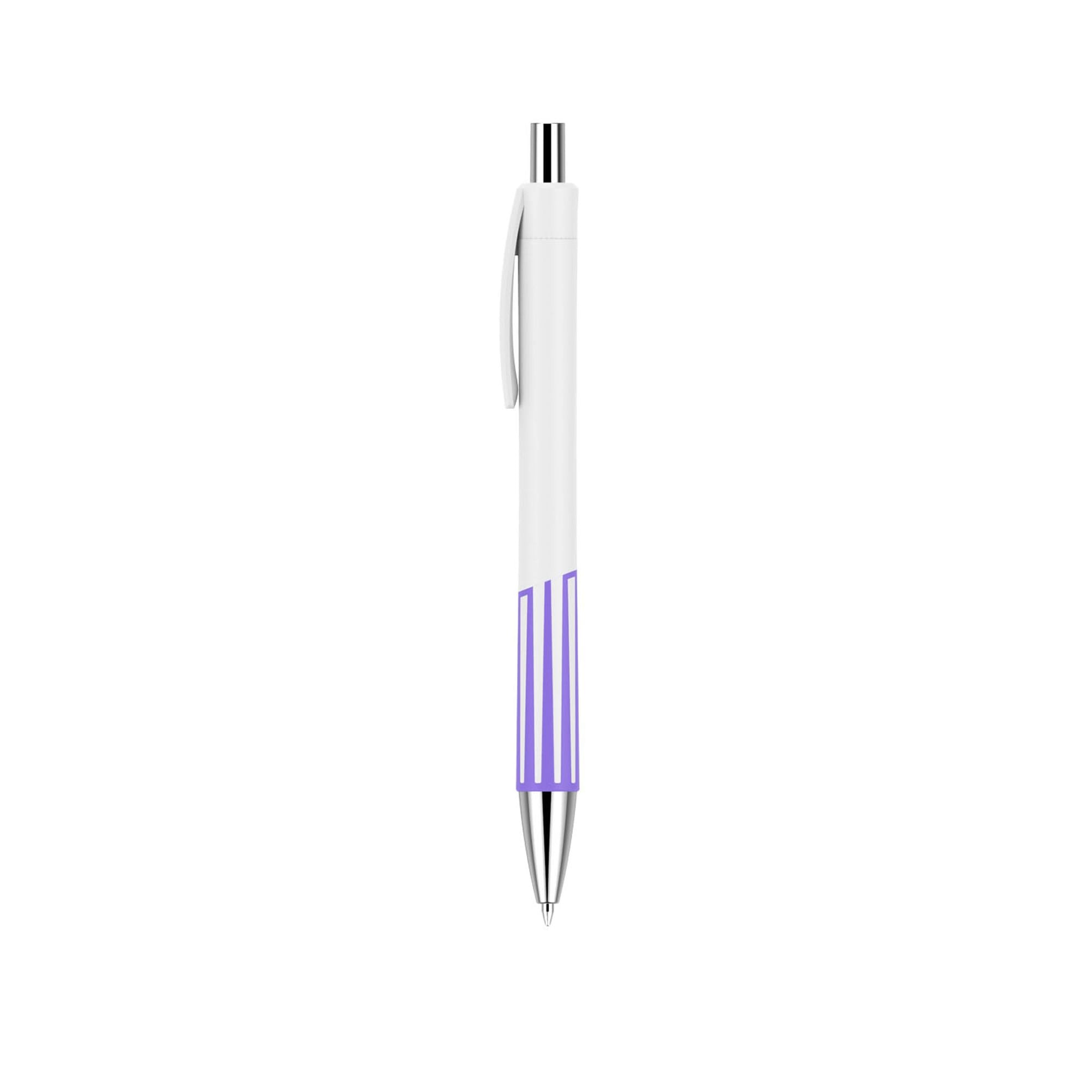 A creamy white pen with purple accents and a shiny silver clip, featuring a logo on the barrel.
