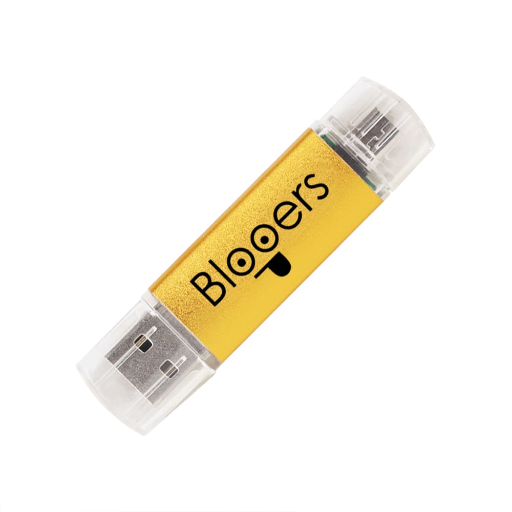 A gold and clear double-end flash drive with a logo on its casing.