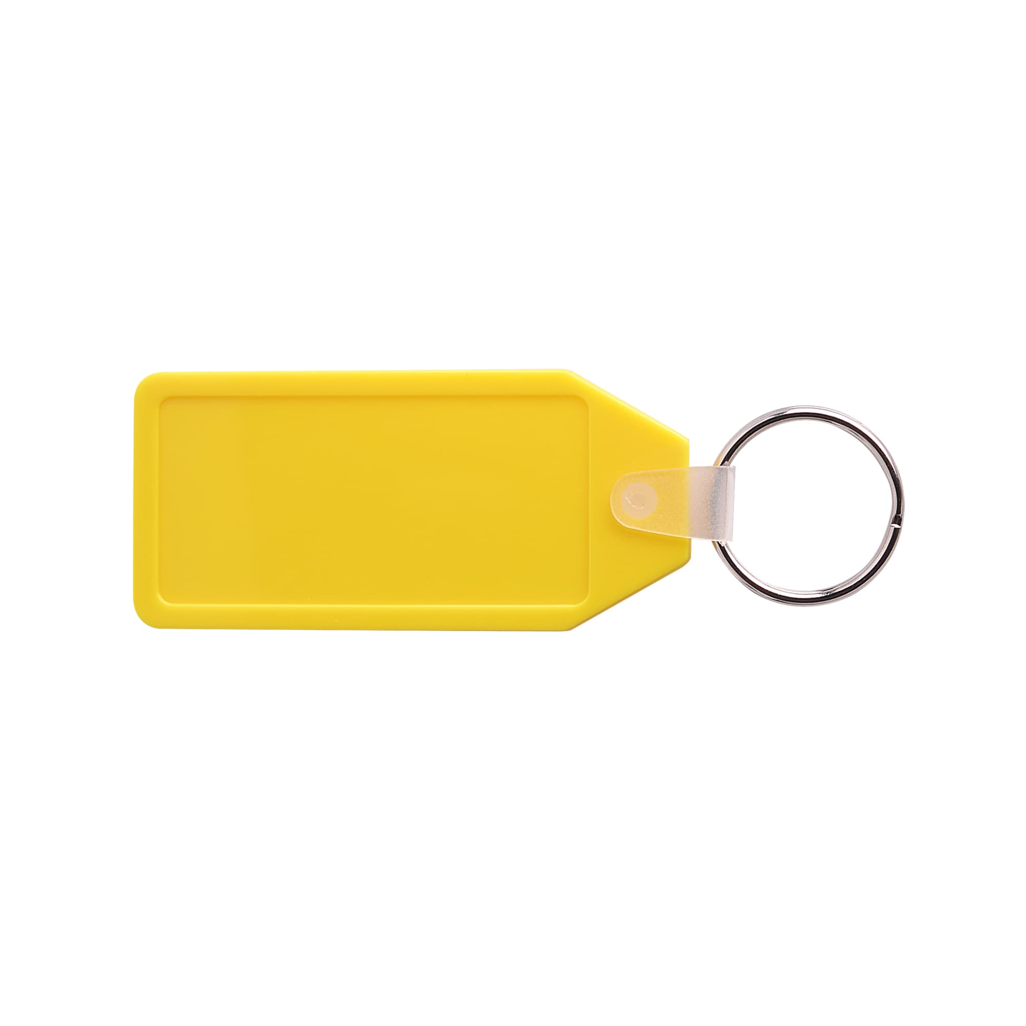 A yellow hexagon hard plastic keyring with a silver keyring attachment.
