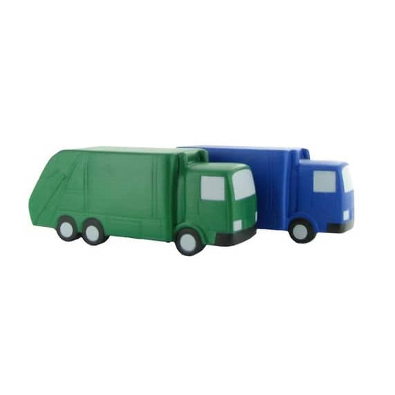 Two stress relievers shaped like trucks, one green garbage truck and a blue truck, both with wheels and details.