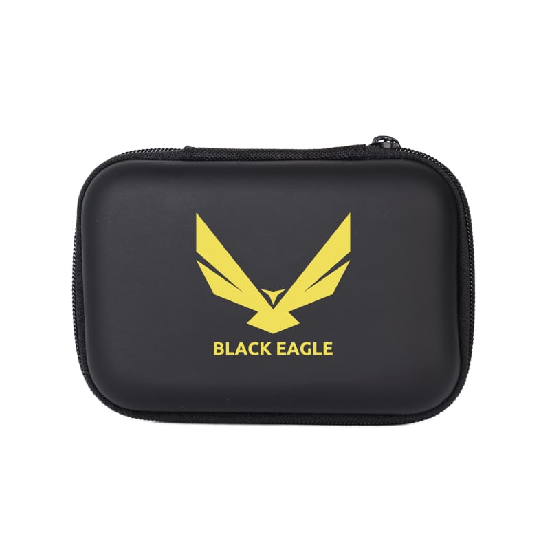 A medium zippered case in black, featuring a yellow logo on the front.