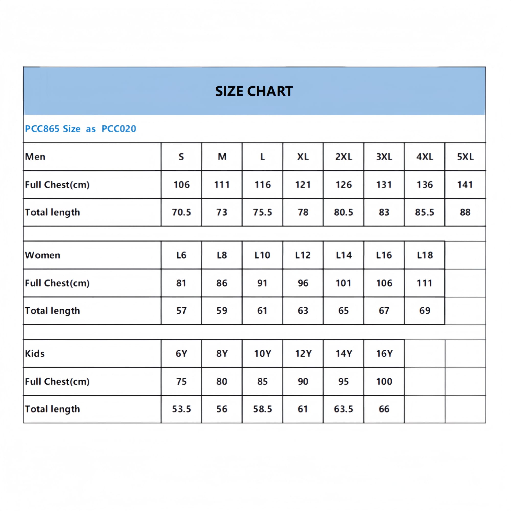 A size chart displaying measurements for men's, women's, and kids' T-shirt sizes, including chest and total lengths.