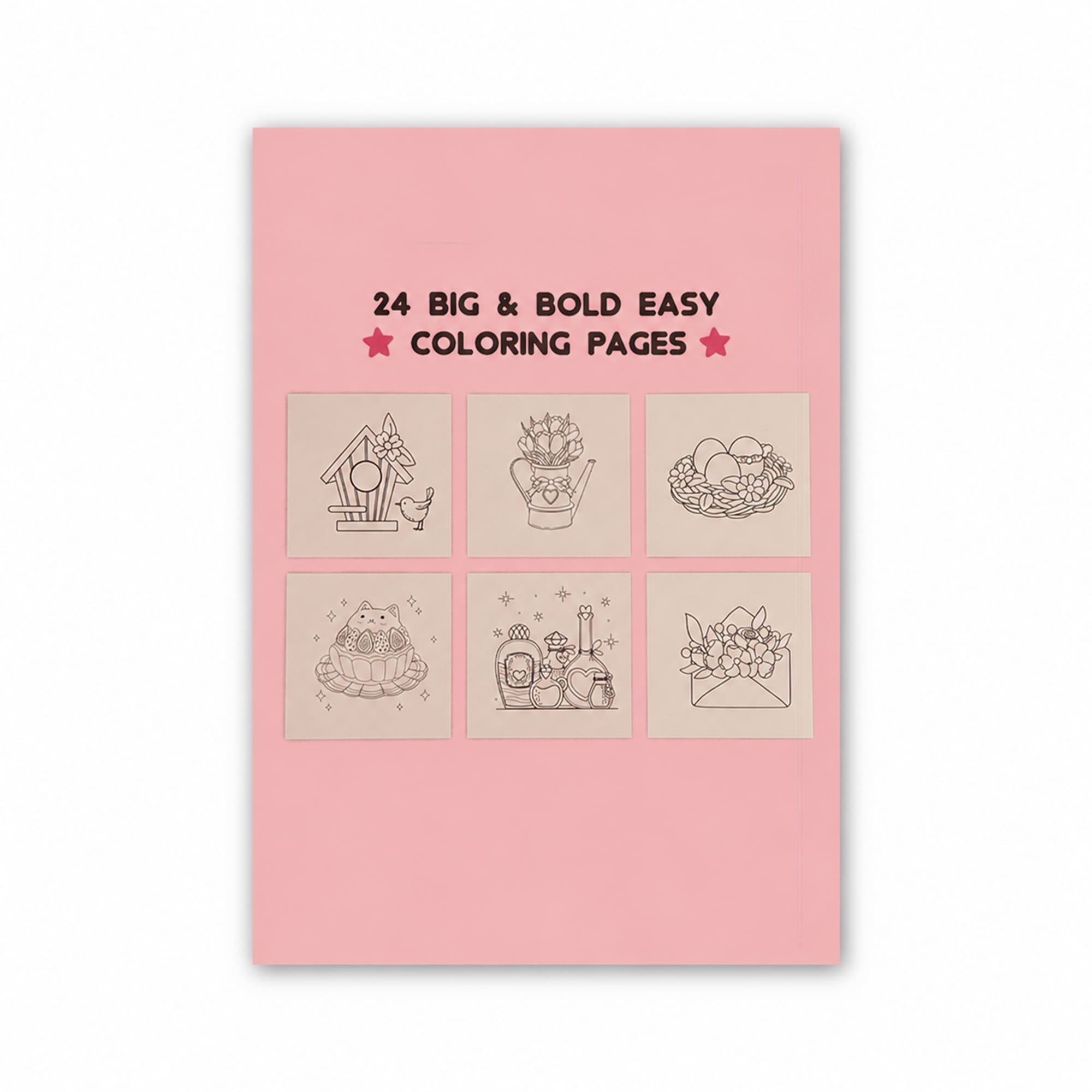 A5 custom colouring book on a pink cover featuring six outlined designs for colouring. Includes bold illustrations.