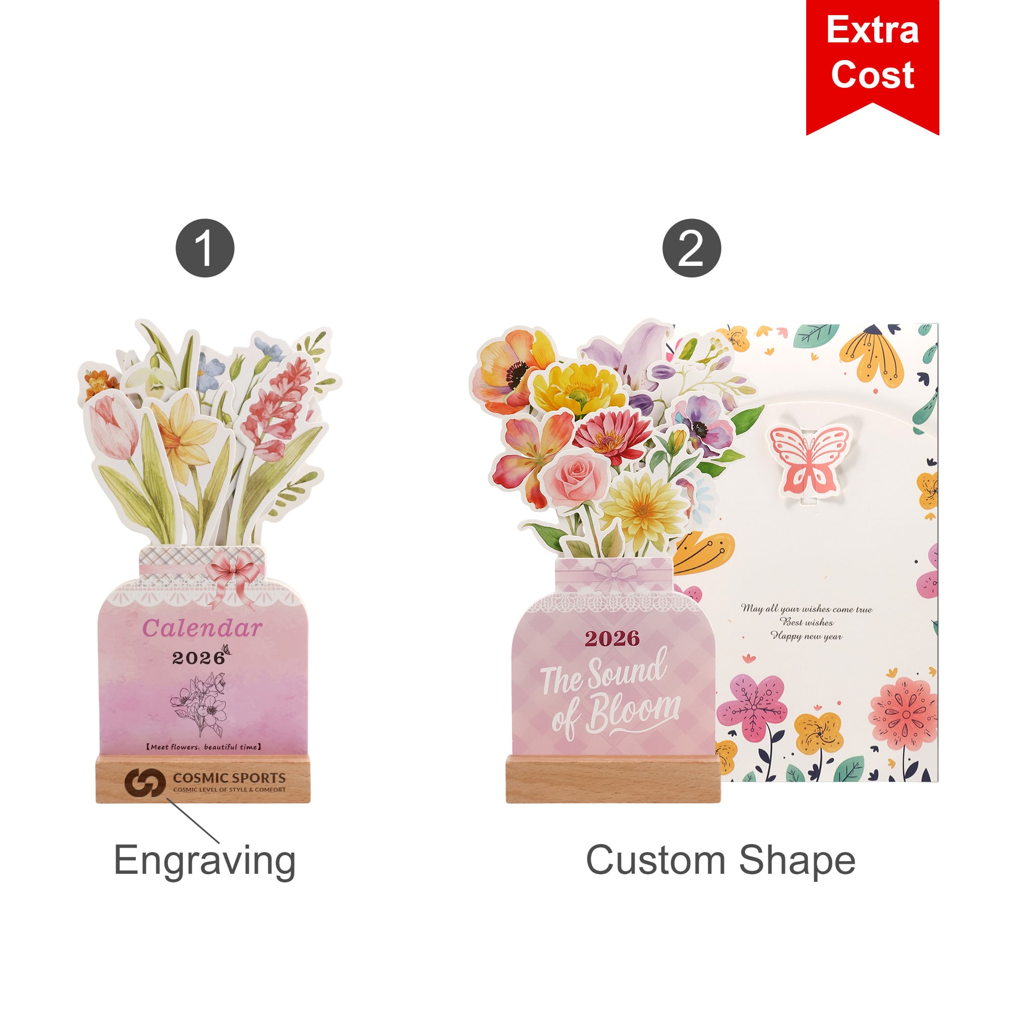 A desk calendar featuring a floral design in pastel colours, with a wooden base and options for engraving and custom shape.