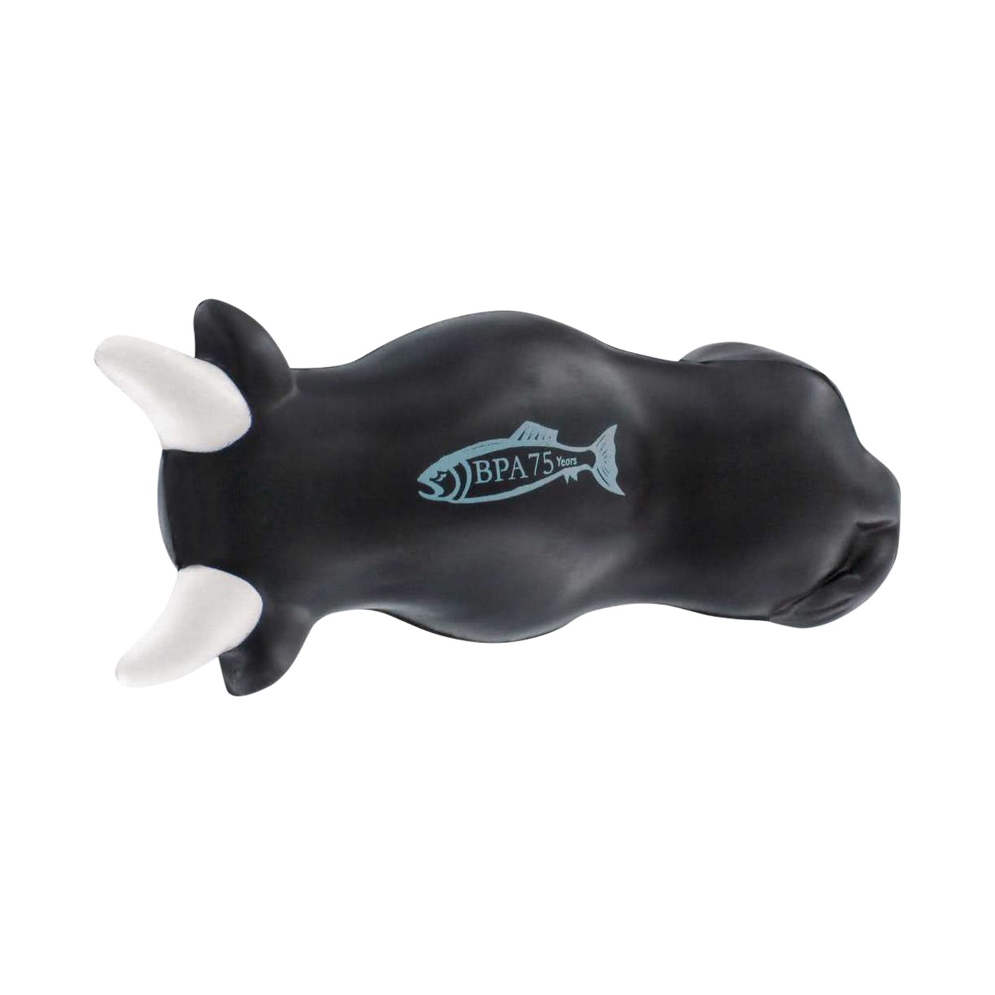 A black bull-shaped stress reliever with white horns and a logo on its side.