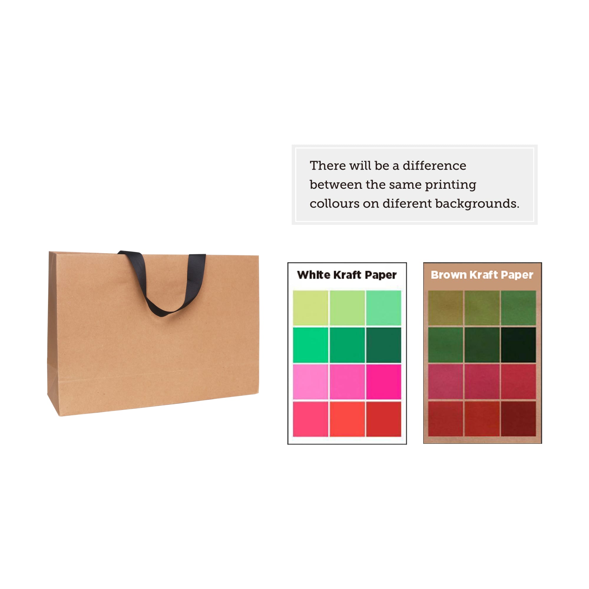 A small brown paper bag with a flat black handle, featuring colour samples for printing options.