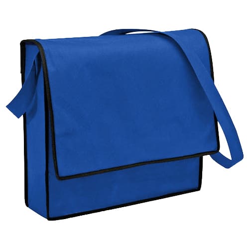 A blue non-woven sling bag with a black trim and adjustable strap. It features a flap closure and a logo.
