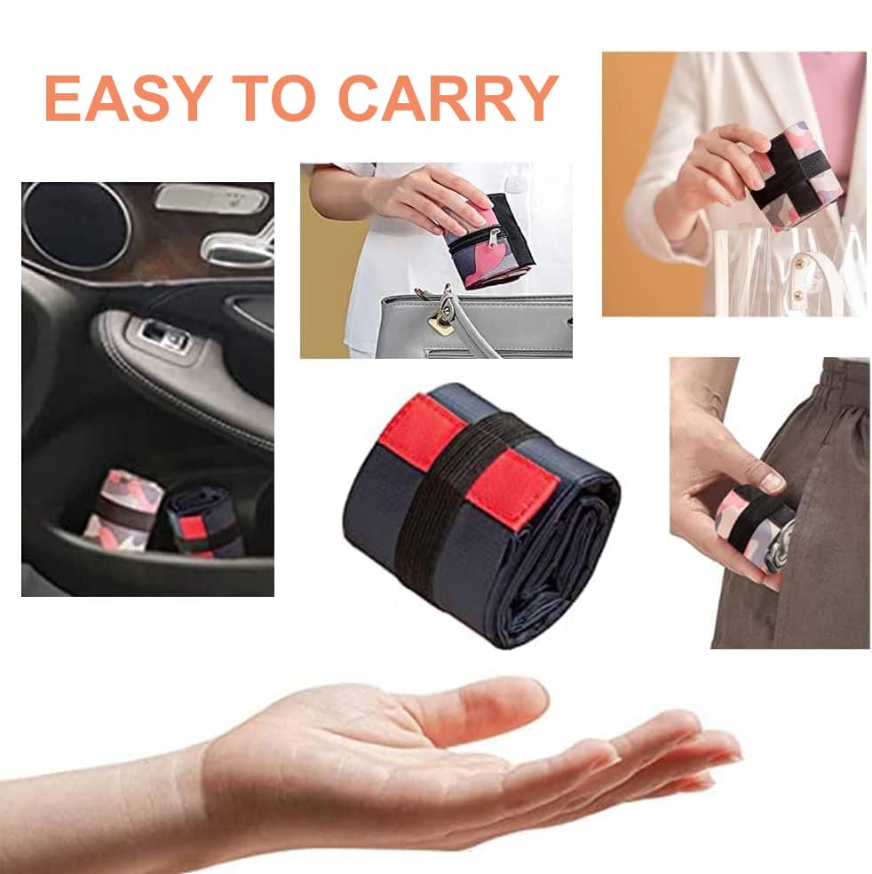 A foldable shopping shoulder bag in navy and red, compactly rolled and easily held in a hand. It includes a branding logo.