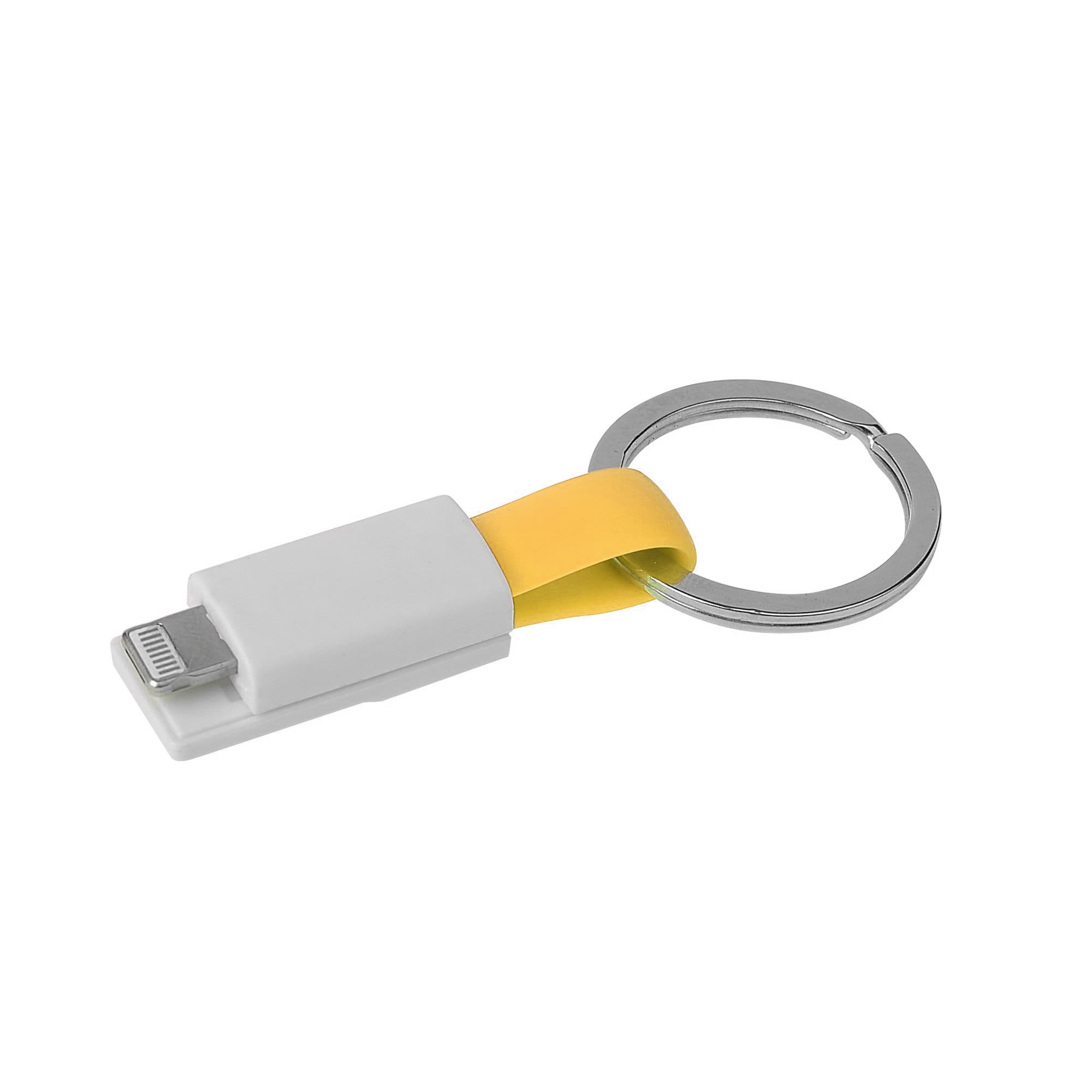 A white magnetic charging cable with a yellow keyring attachment, featuring a connector on one end and a keyring.