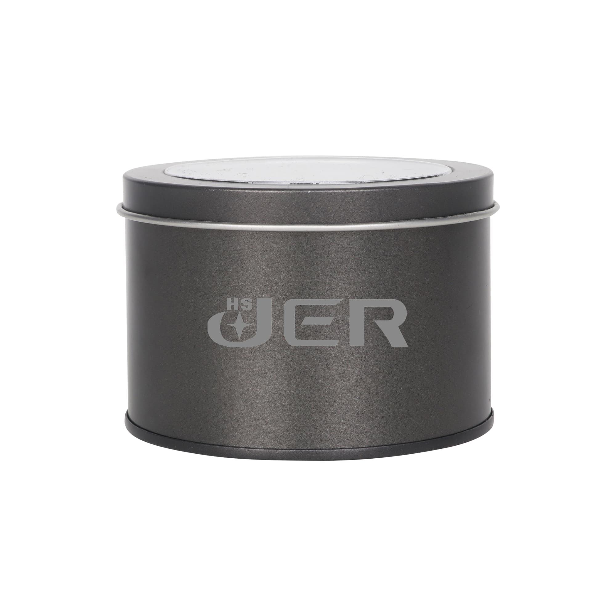 A medium silver tin can with a transparent window, featuring a logo on the surface.