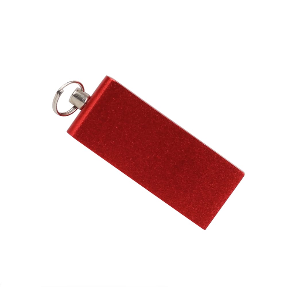 A red Mini Boston flash drive with a metallic finish and a keyring attachment.