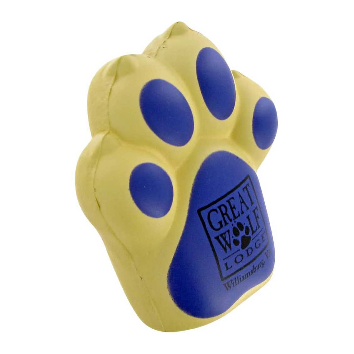 A yellow and blue paw-shaped stress reliever featuring a logo. Ideal for stress relief and fun.