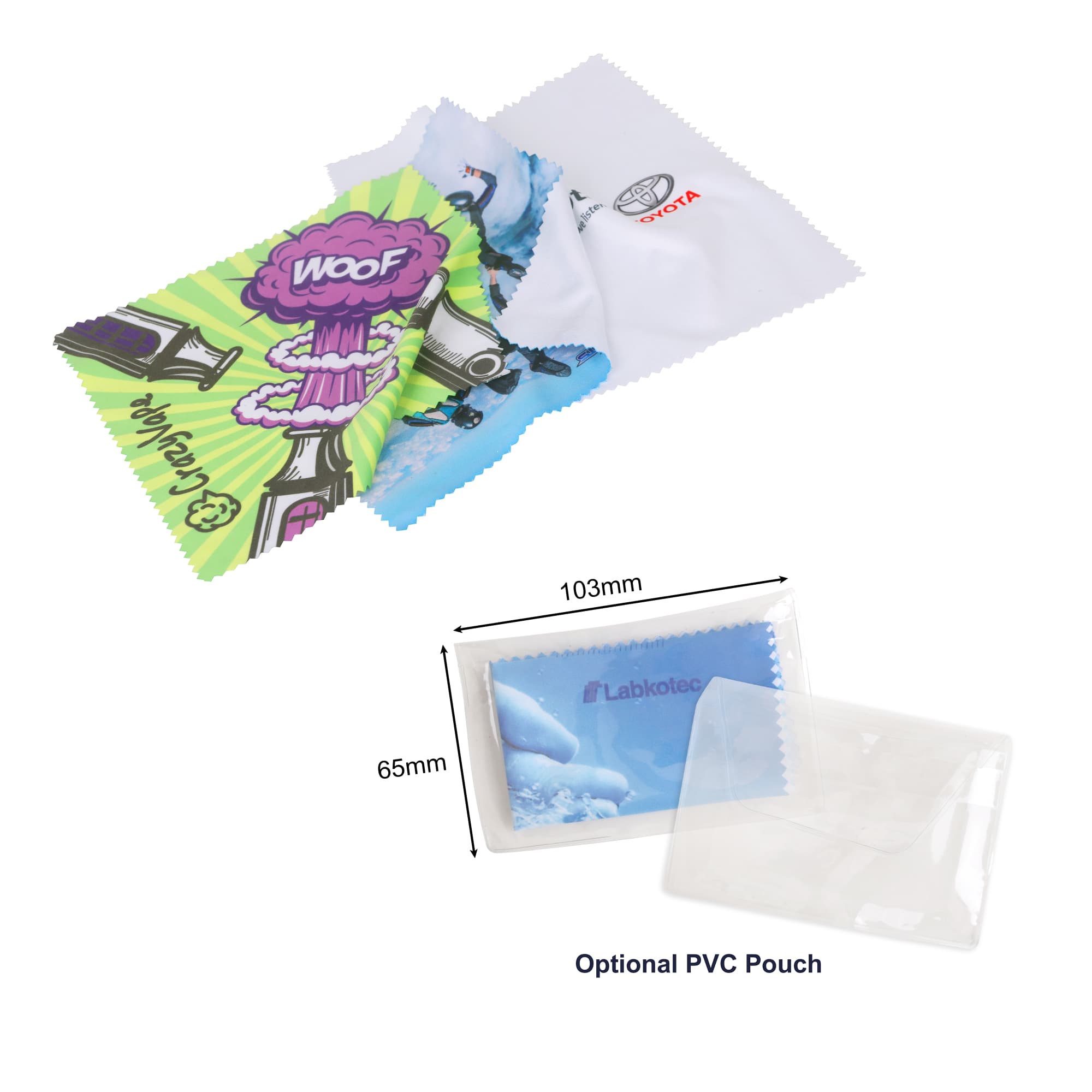 A collection of colourful microfibre lens cloths featuring various designs, with an optional clear PVC pouch.