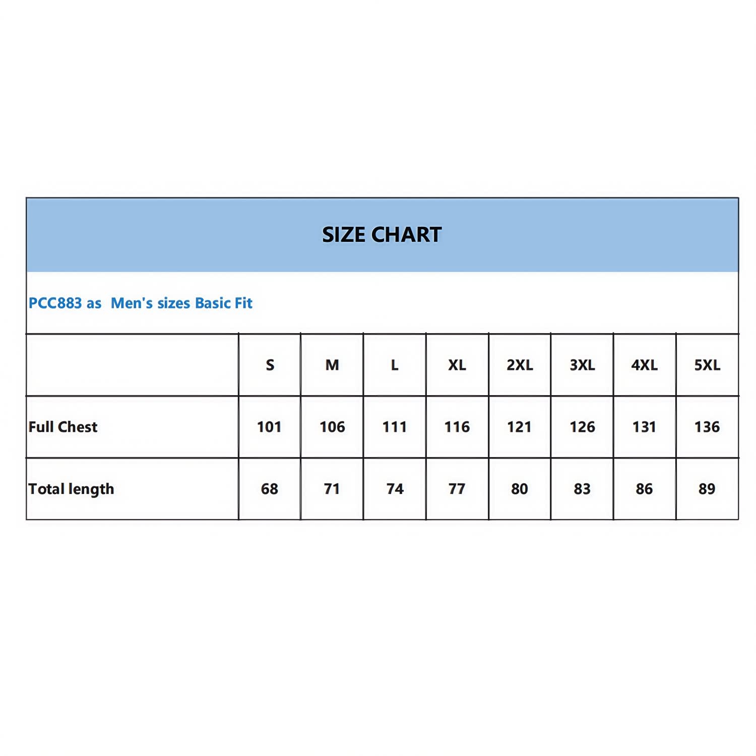 A size chart displaying measurements for a men's basic fit jersey, with sizes ranging from S to 5XL.