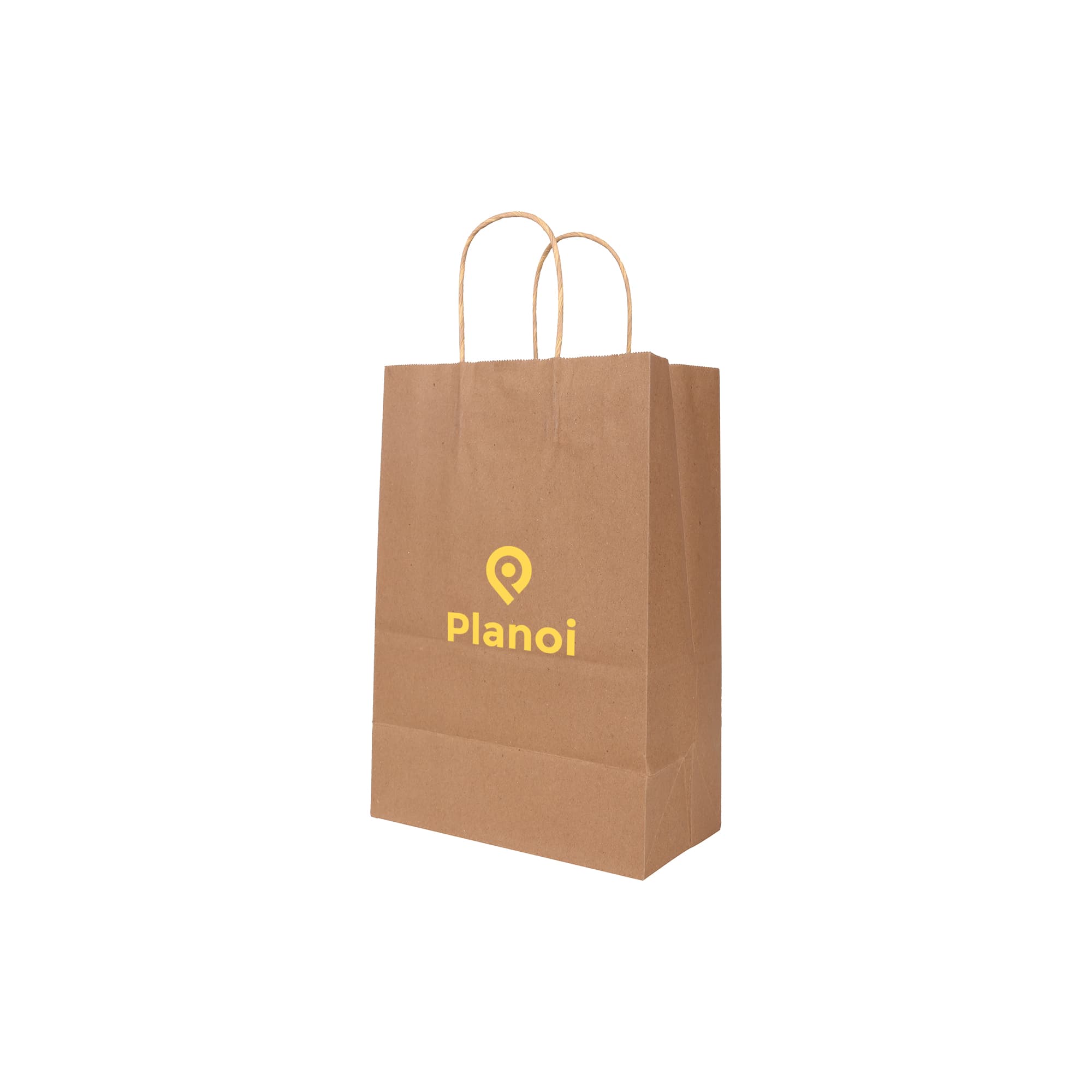 Kraft paper bag with twisted handles, featuring a logo, in a natural brown colour.