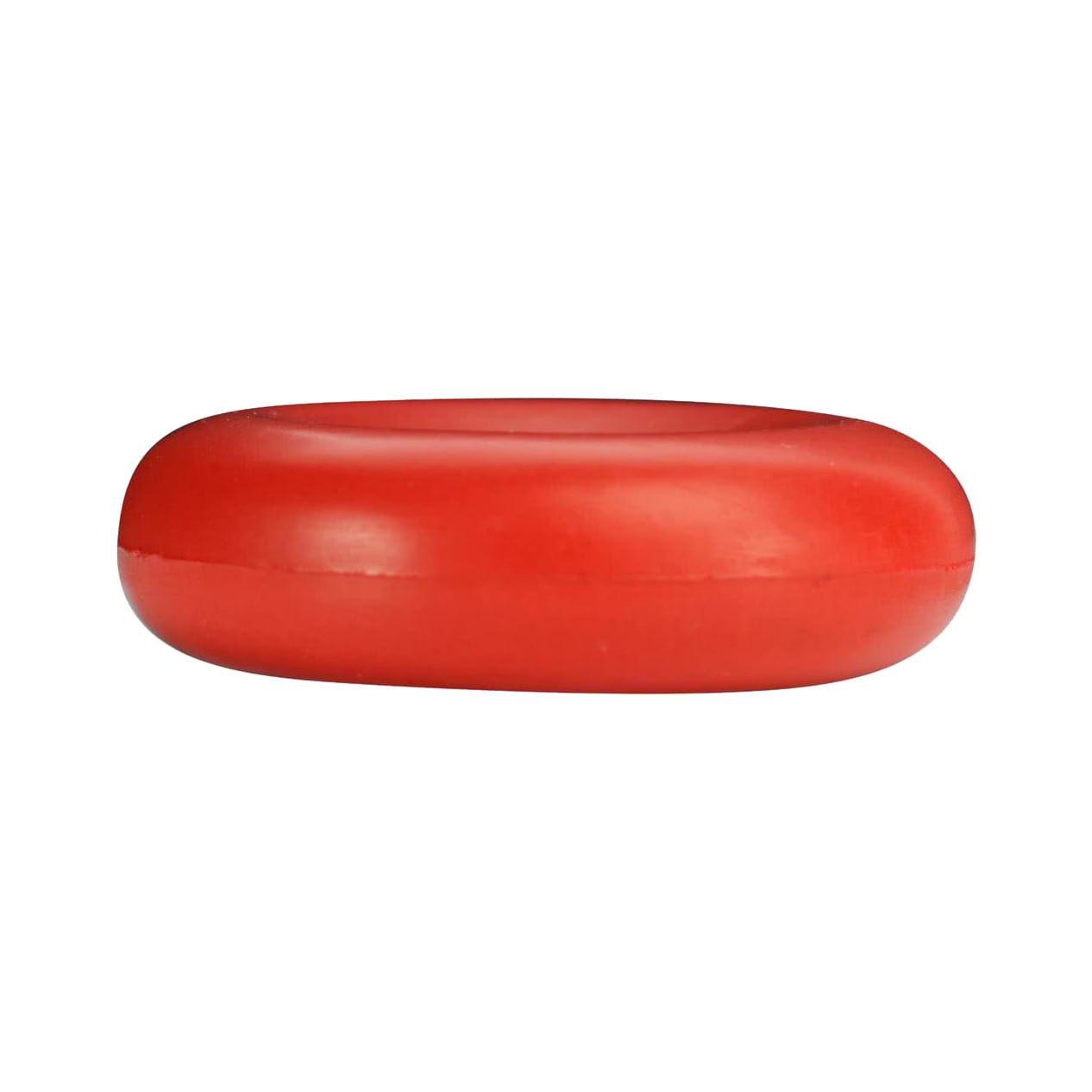 A red cell shape stress reliever in a smooth, rounded design with a logo.