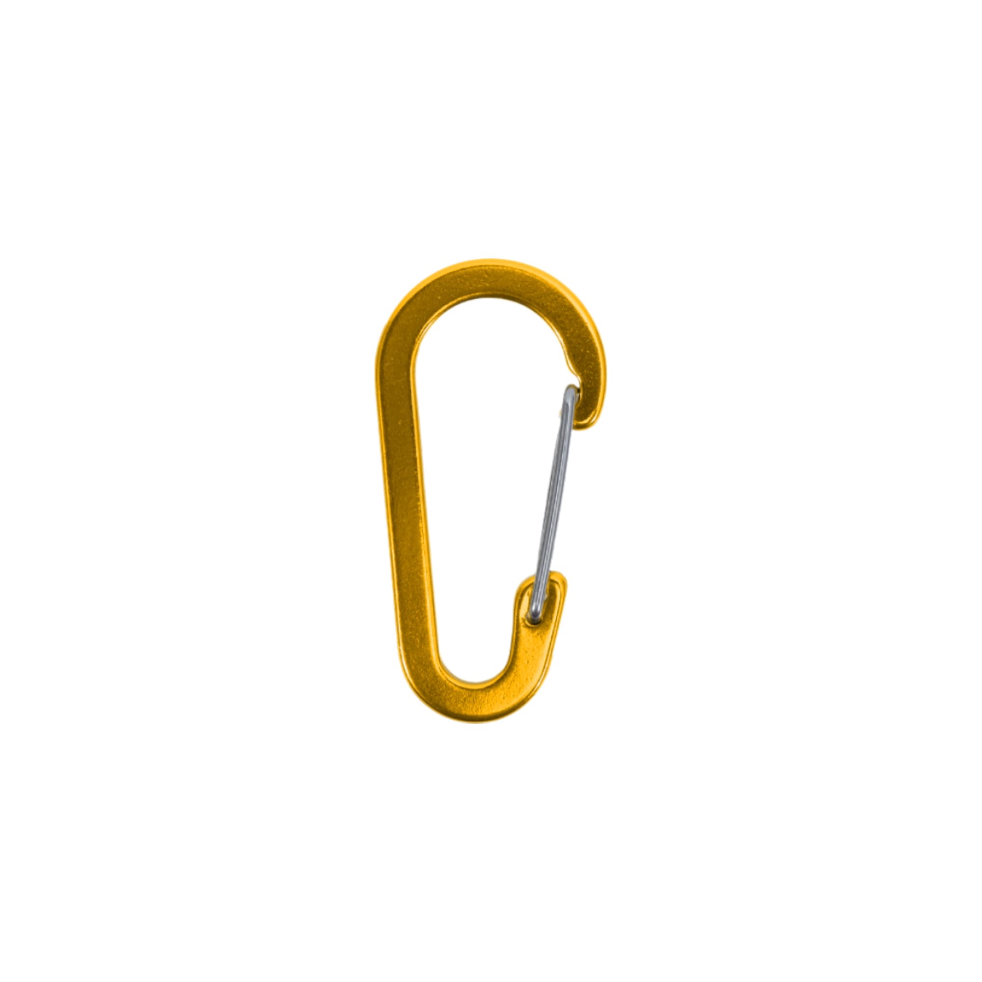 A gold D Type aluminium alloy carabiner hook with a silver metal clip. It has a simple, curved design.