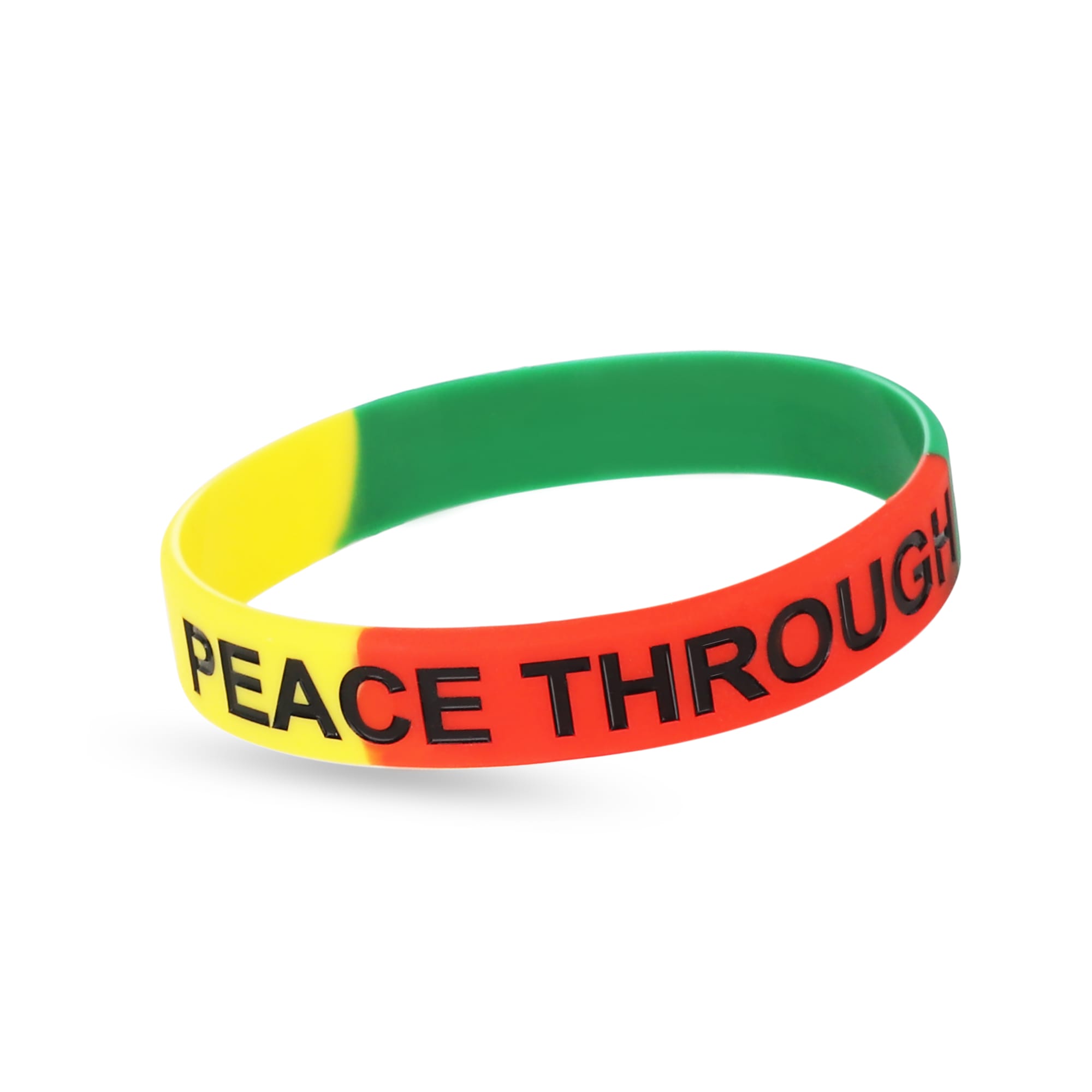 A silicone wristband featuring yellow, green, and red sections with the words "PEACE THROUGH" printed in black.