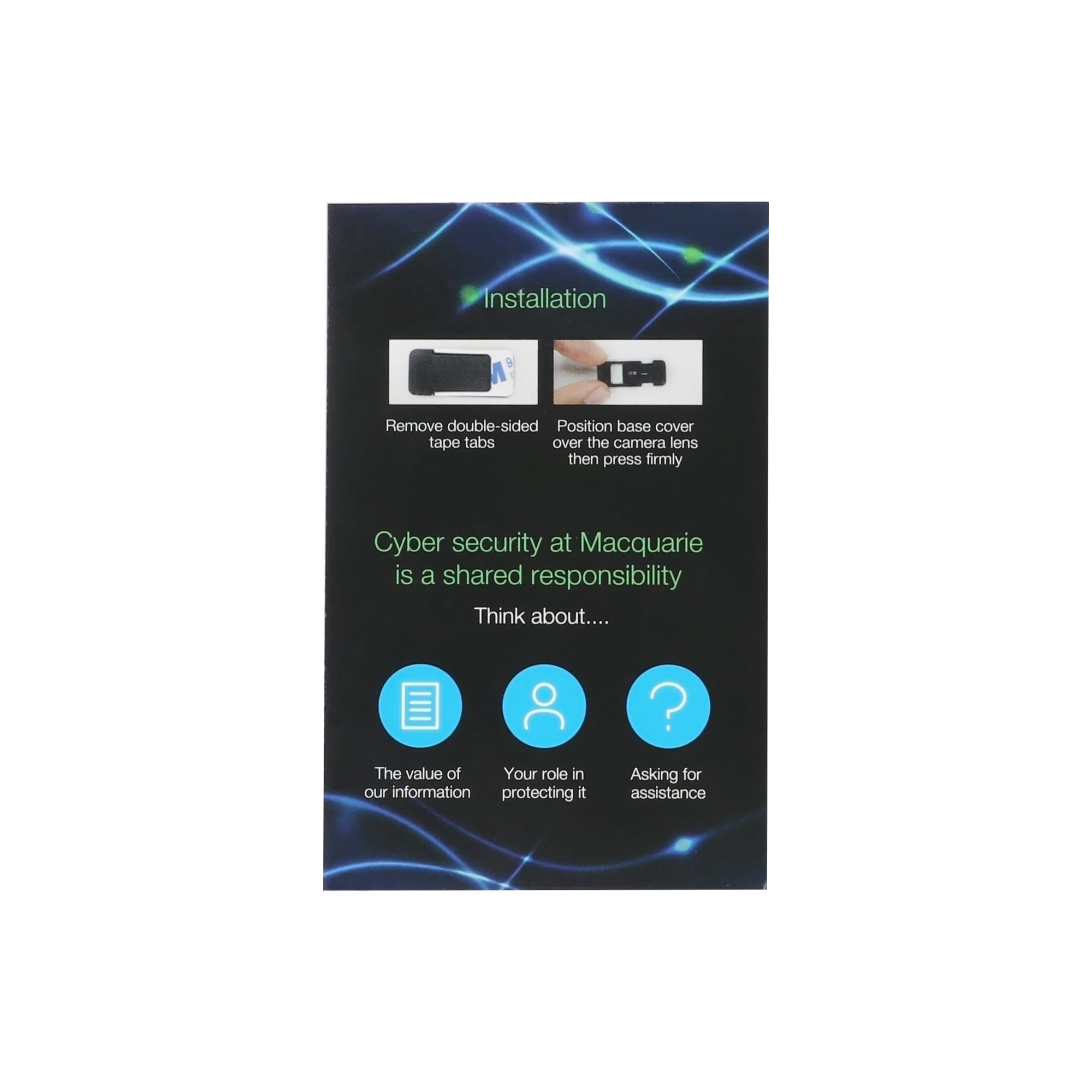 A mini webcam cover in black, featured on a promotional card with installation instructions and logos.