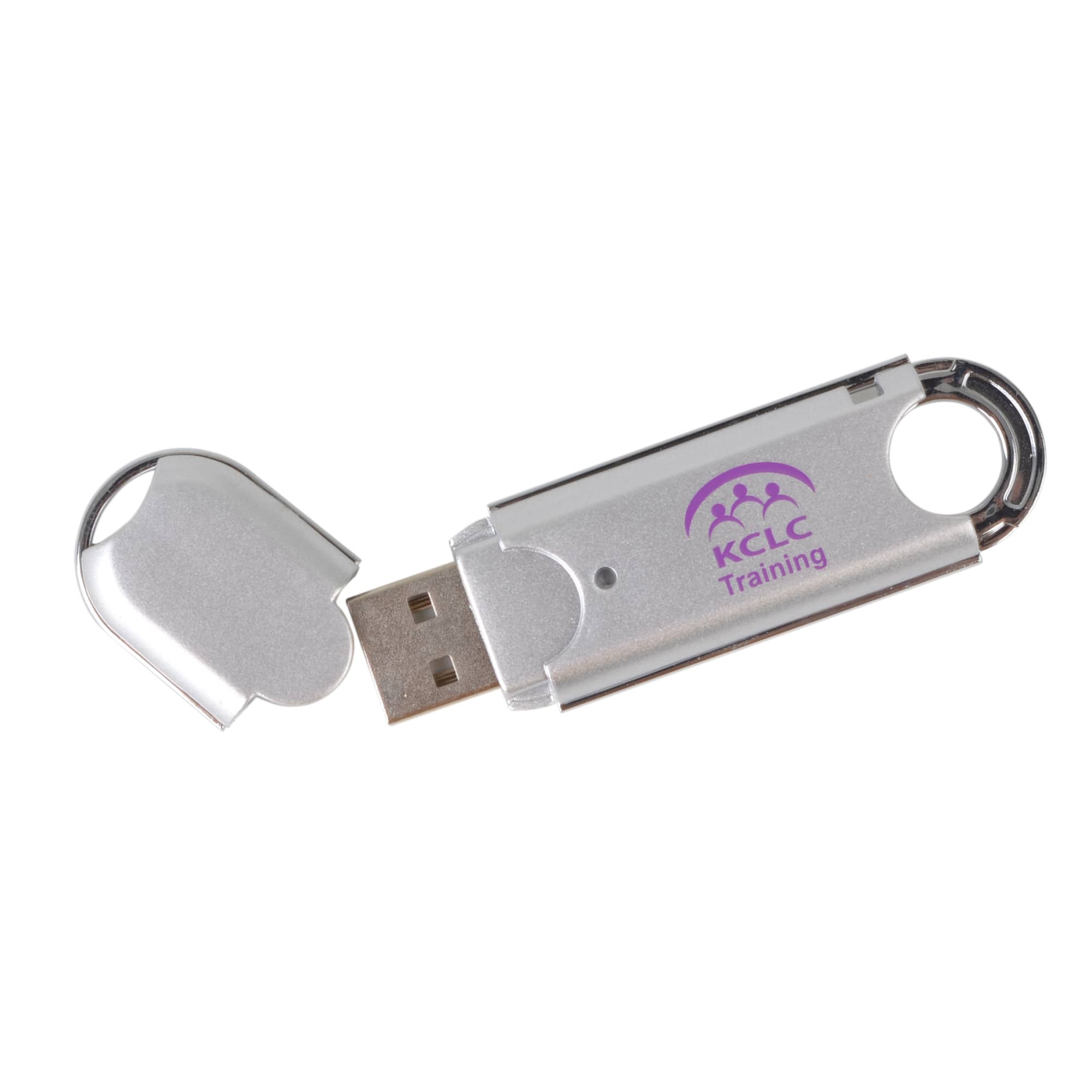 A silver O-ring flash drive with a removable cover and a logo on the side.