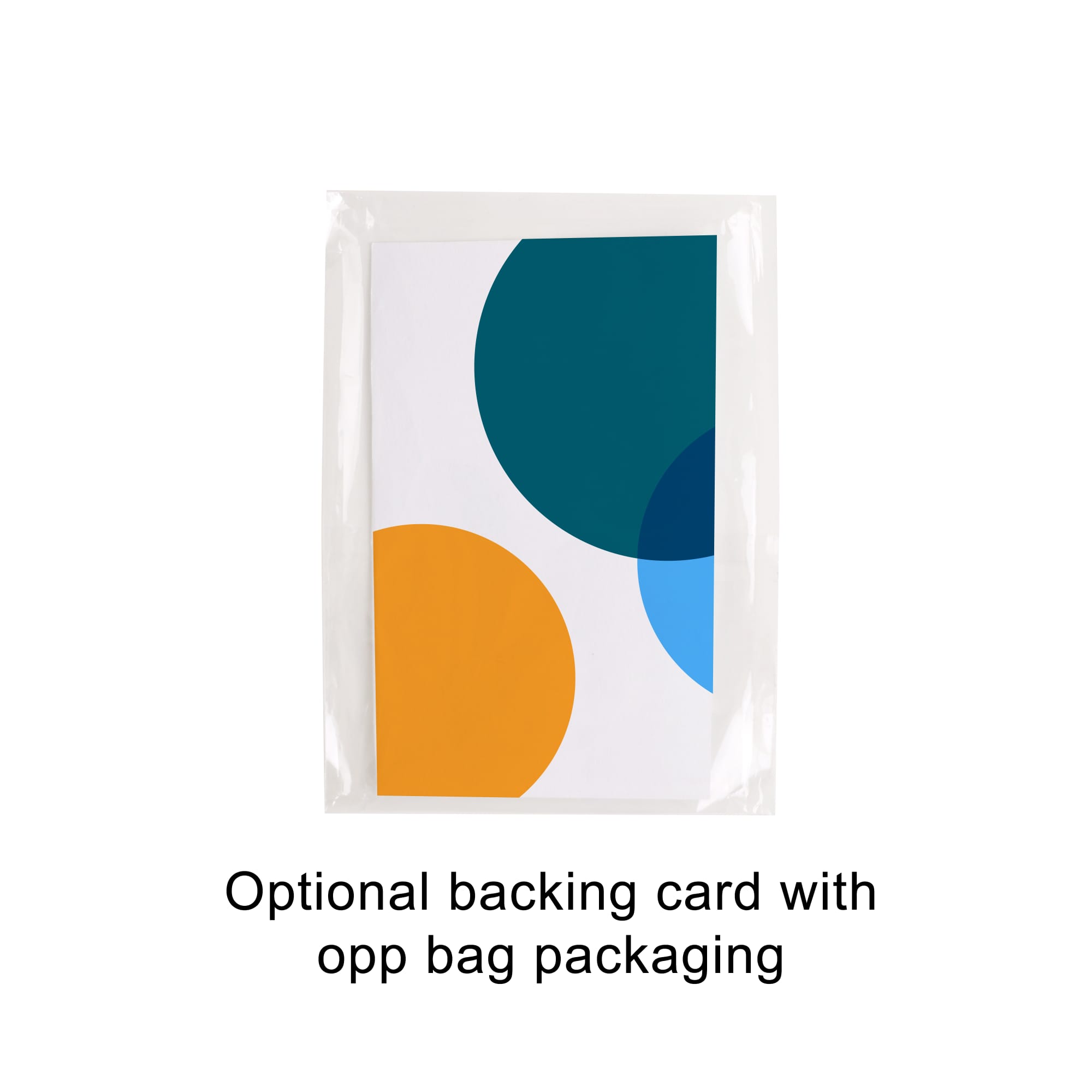 A backing card featuring abstract circles in teal, blue, and orange, packaged in a clear opp bag.