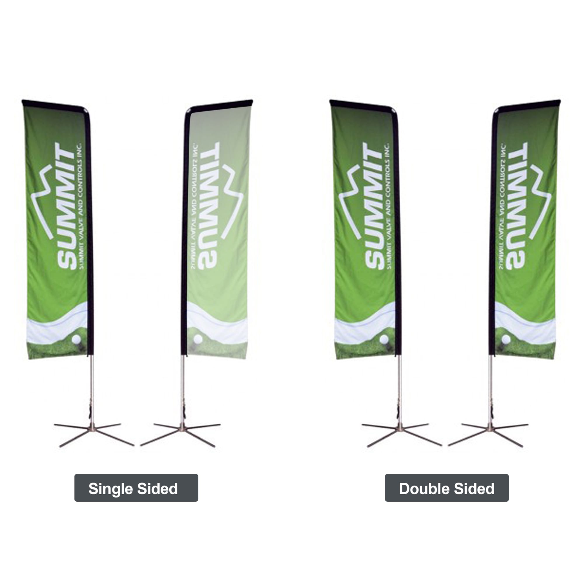Two tall rectangular banners with a green and white design, featuring one single-sided and one double-sided banner stand.