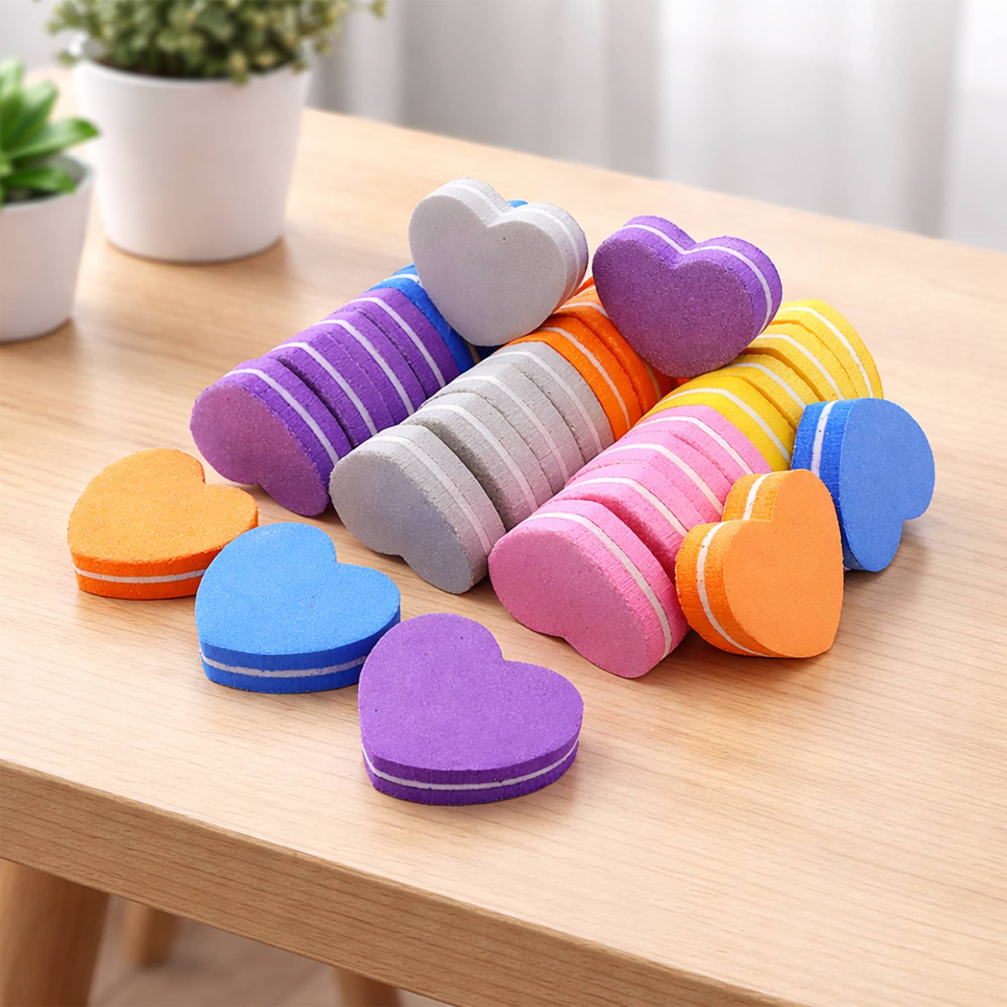 A pack of 50 heart-shaped nail files in various colours, including purple, pink, orange, and blue, displayed on a table.