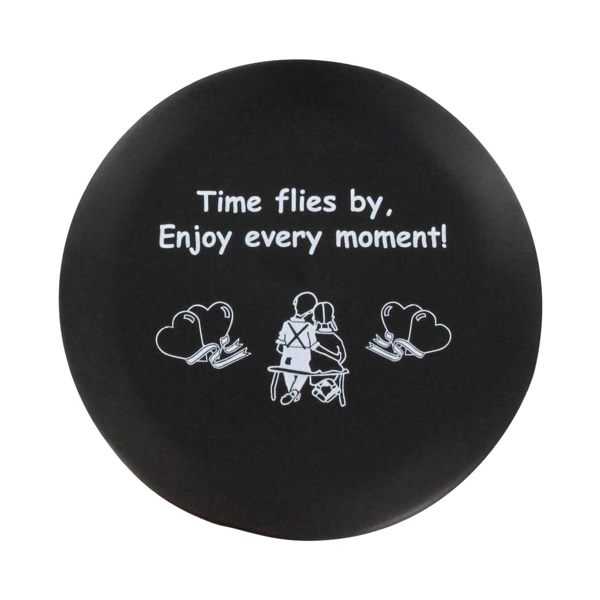 A round black stress reliever featuring a design of two seated figures and an inspirational message in white text.