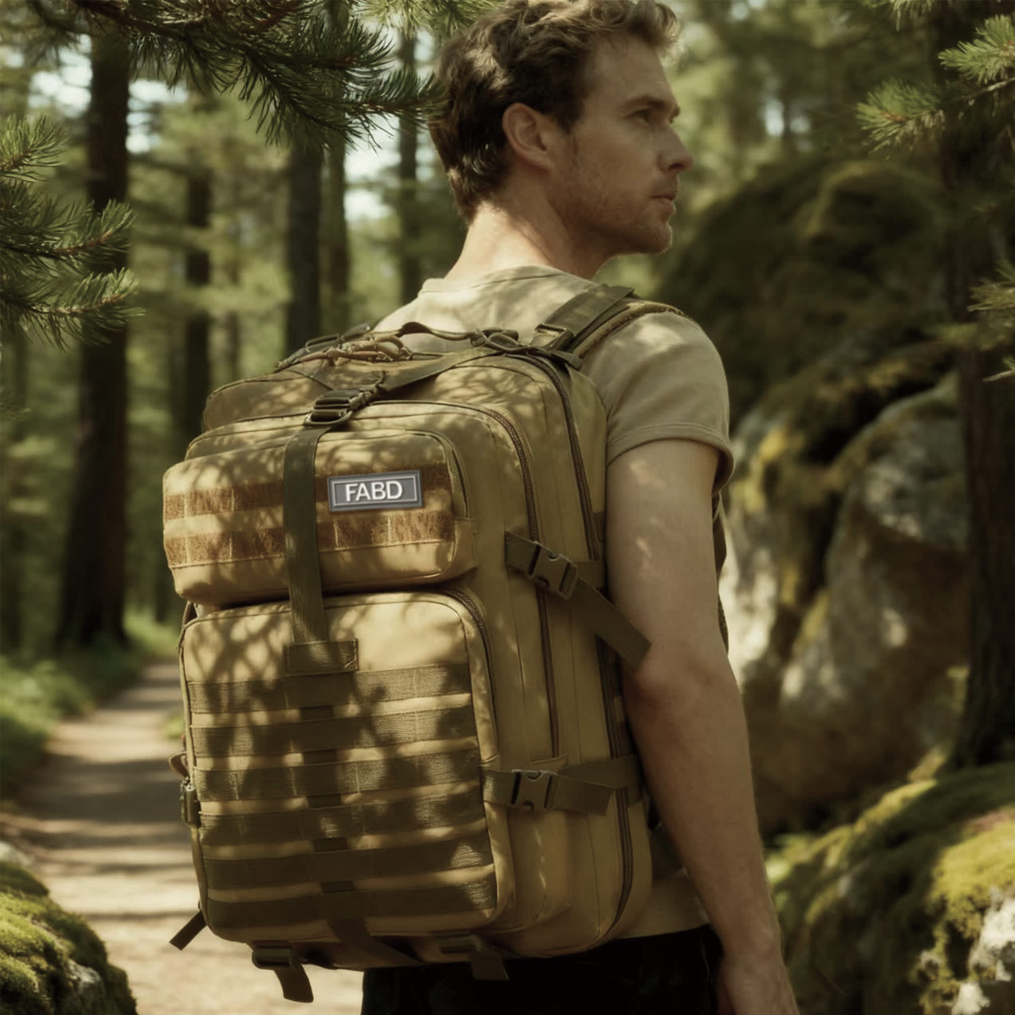 A tactical backpack in a tan colour, equipped with multiple straps, is worn by a man in a forested setting.