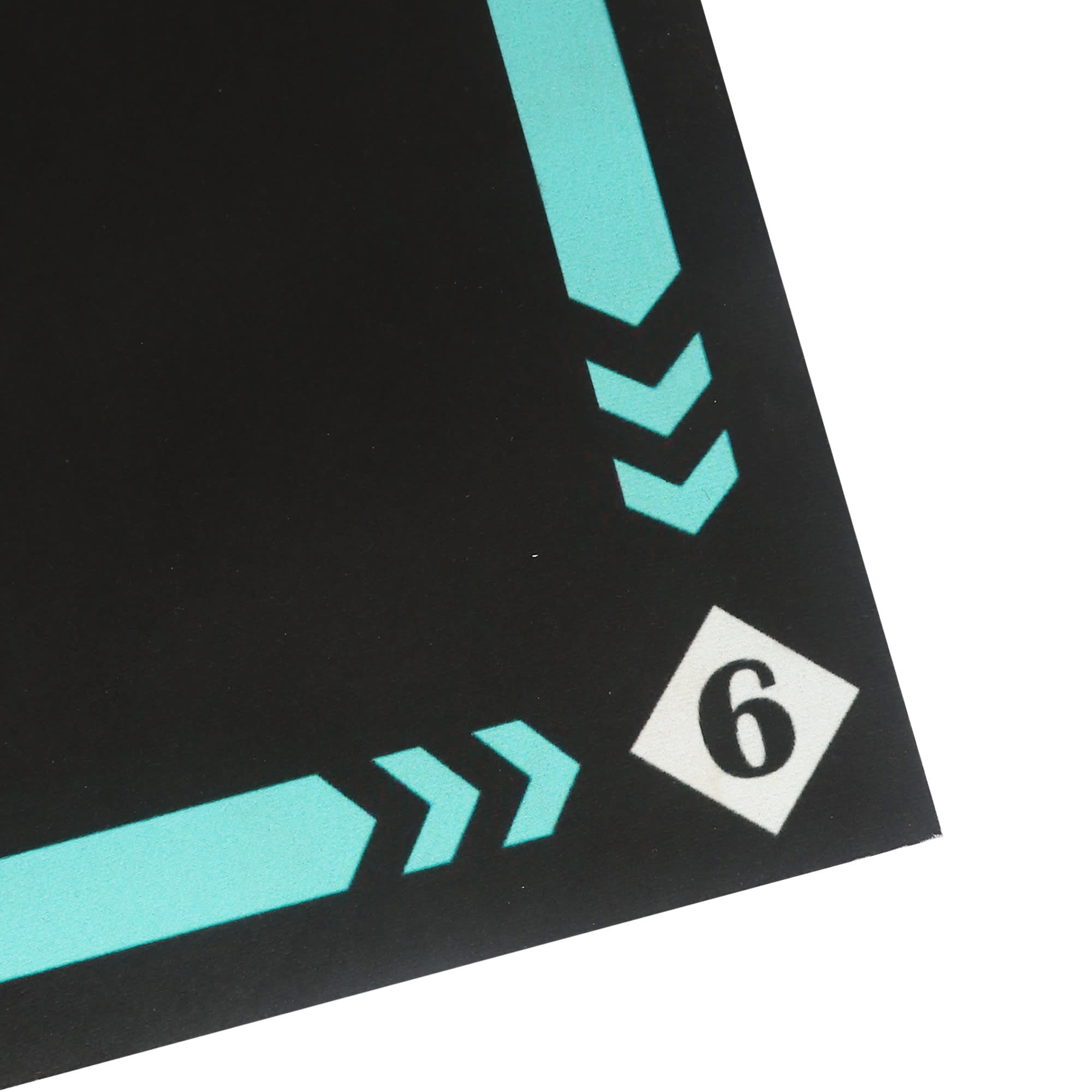 A black football training mat featuring turquoise markings and numbers, designed for outdoor use.
