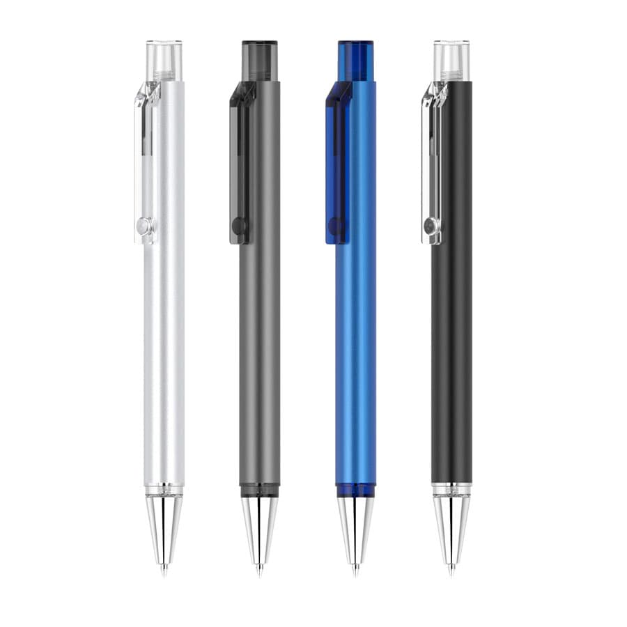 A collection of four Flat Pens in silver, grey, blue, and black, each with a clip and a clear accent.