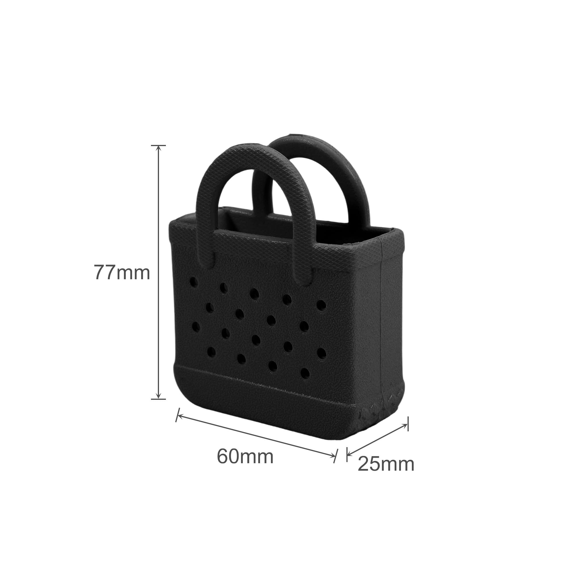 A black mini EVA bag charm with holes and two handles, measuring 77mm in height and 60mm in width.