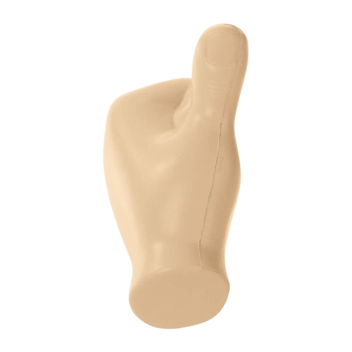 A beige, thumb-shaped stress reliever with a smooth surface and a rounded base. It features a simple design and no text.