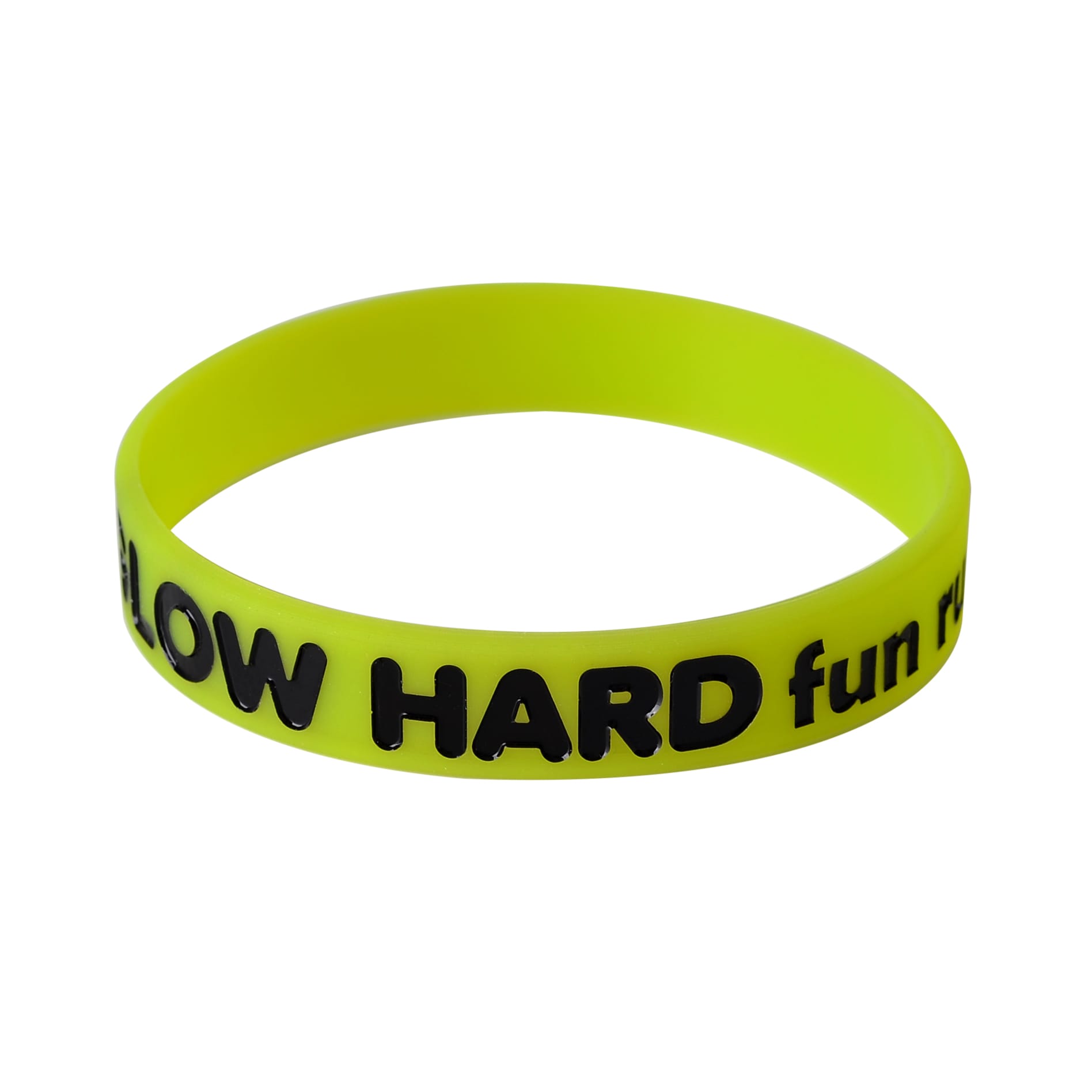 A bright yellow silicon wristband featuring black debossed text and a logo. Suitable for exhibitions and events.
