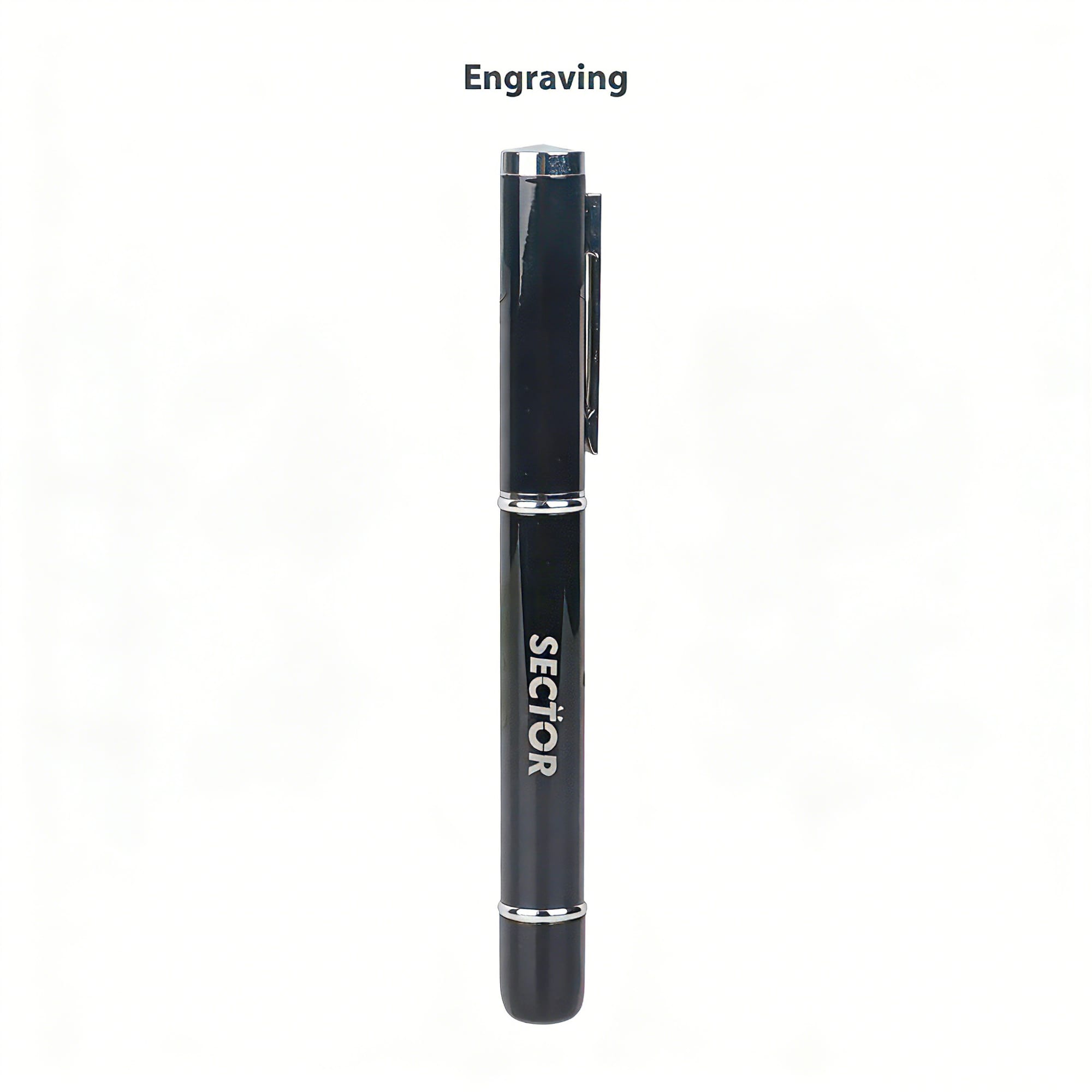 A USB memory pen in black with a sleek design, featuring a clip and an engraving area.