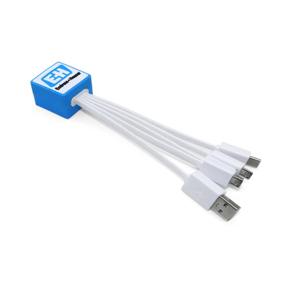 A customised blue PVC cable with four white charging cables attached, featuring a logo on the connector block.