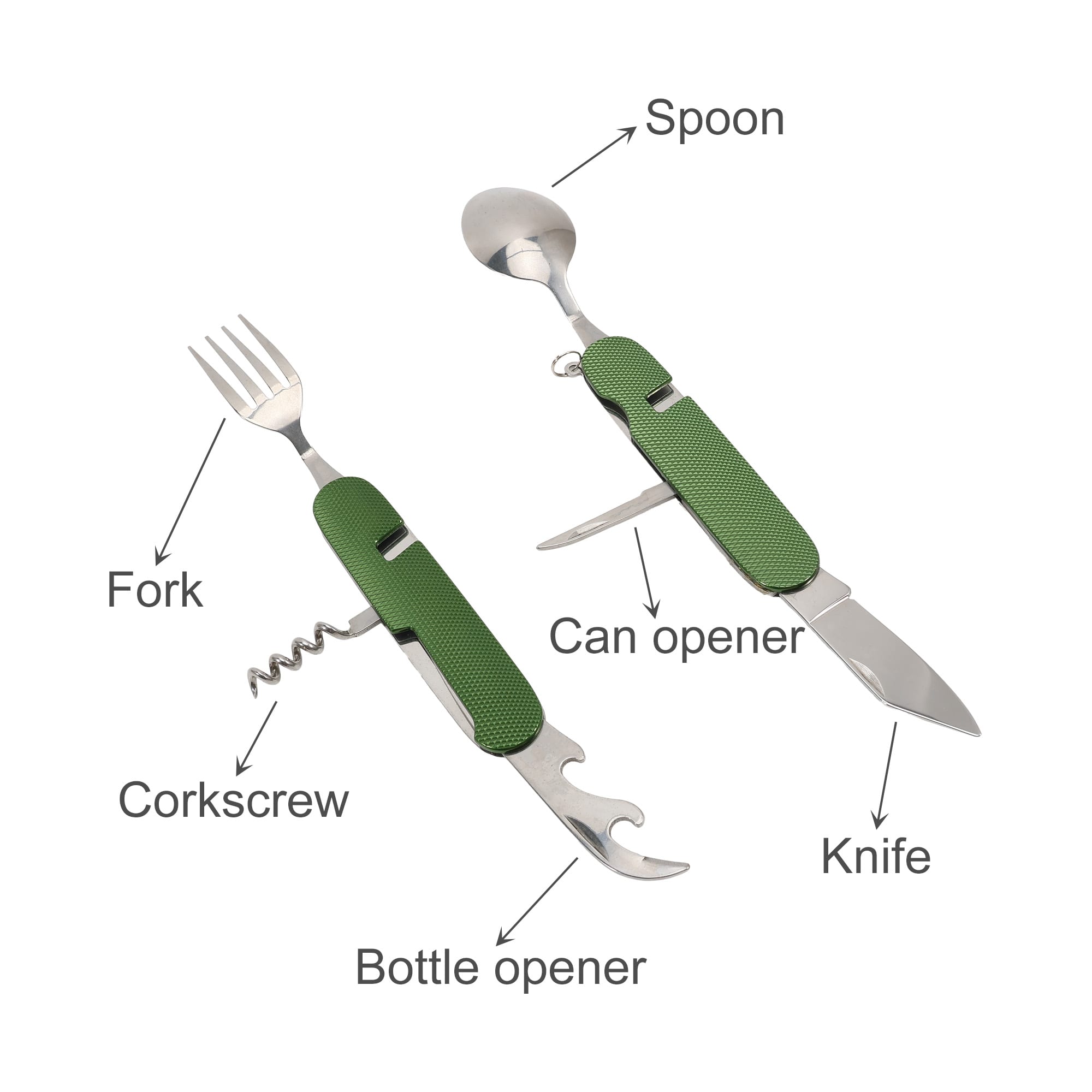 A green multi-tool featuring a fork, knife, spoon, can opener, corkscrew, and bottle opener.