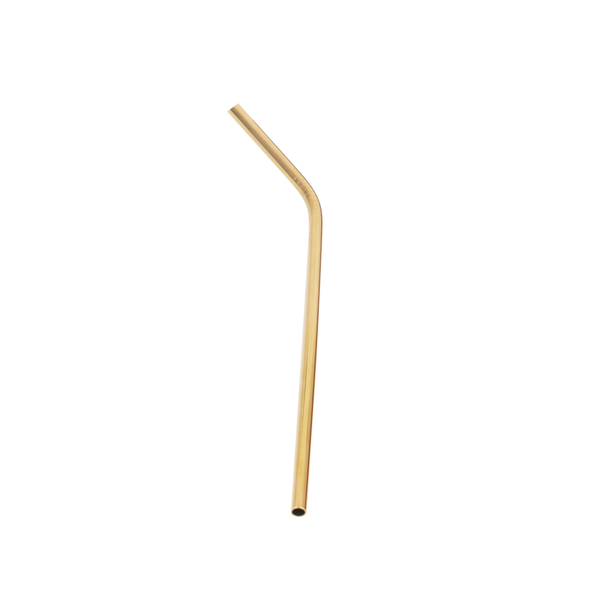A stainless steel straw with a gold finish, featuring a bent design. The item has a logo.