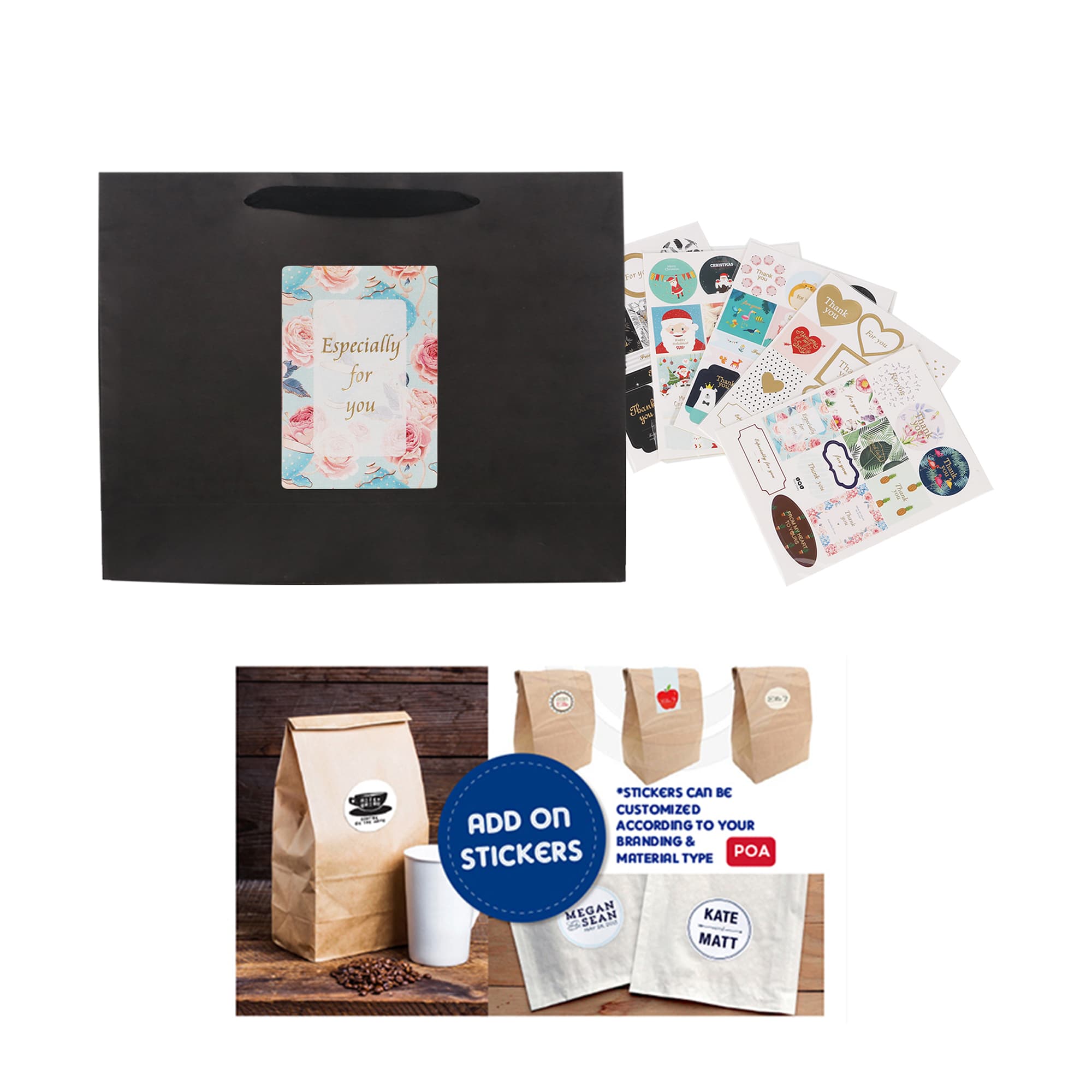 A small black paper bag with a rope handle, featuring assorted decorative stickers and labels.